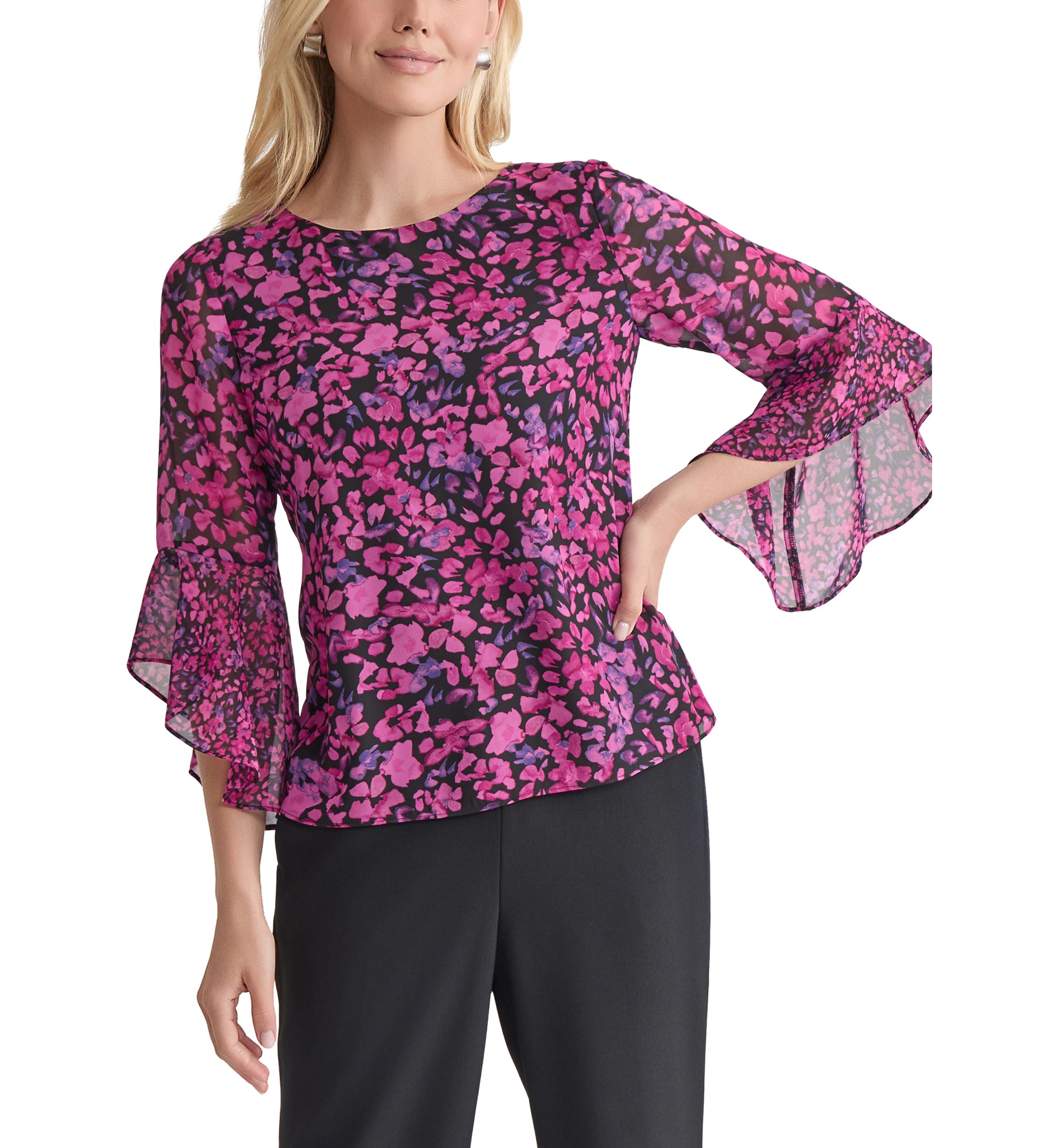 Womens Floral Printed Ruffle Bell Sleeve Blouse