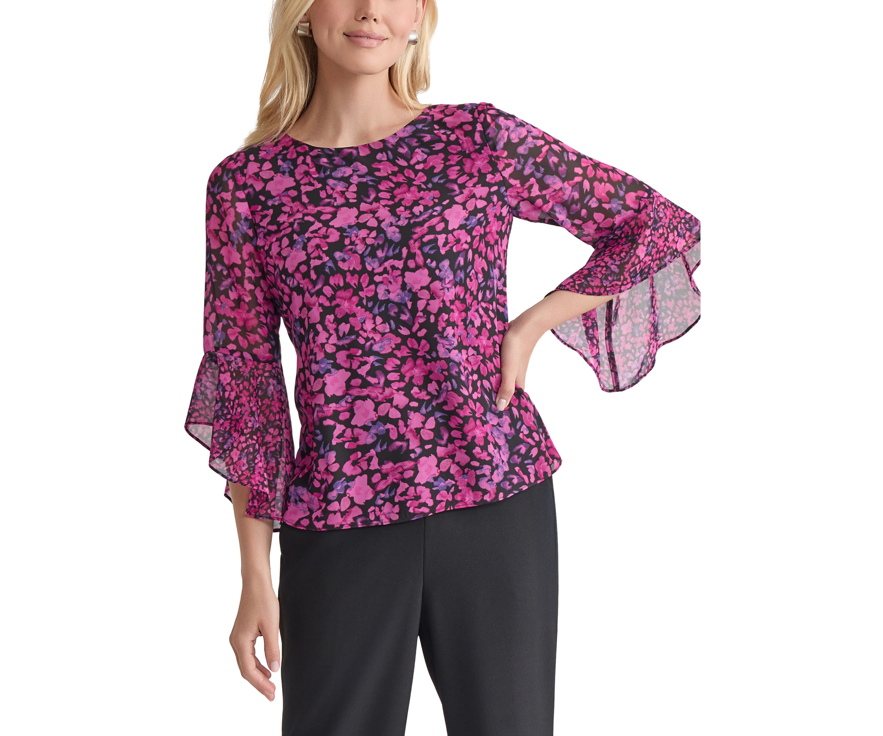 Womens Floral Printed Ruffle Bell Sleeve Blouse