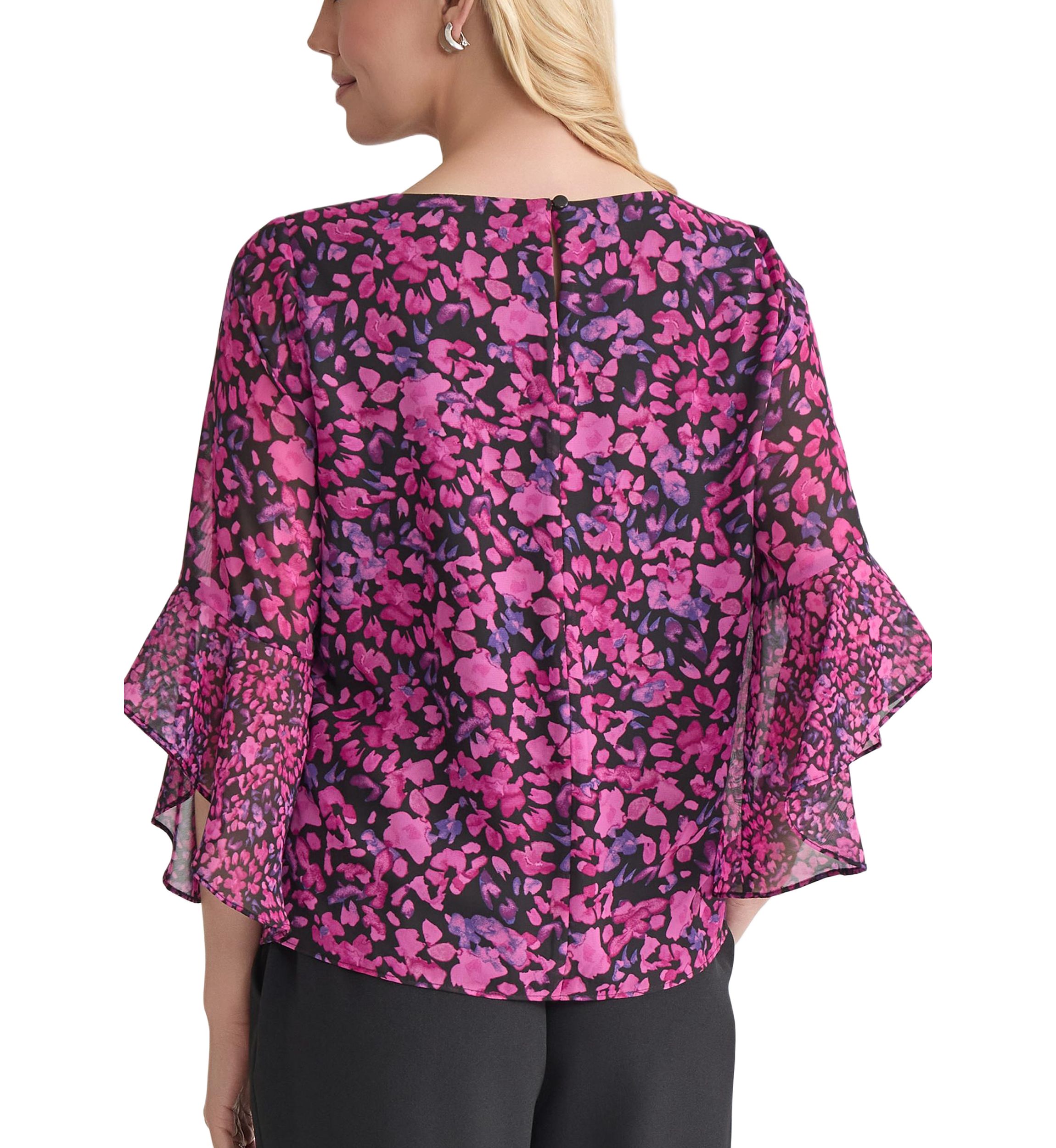 Womens Floral Printed Ruffle Bell Sleeve Blouse