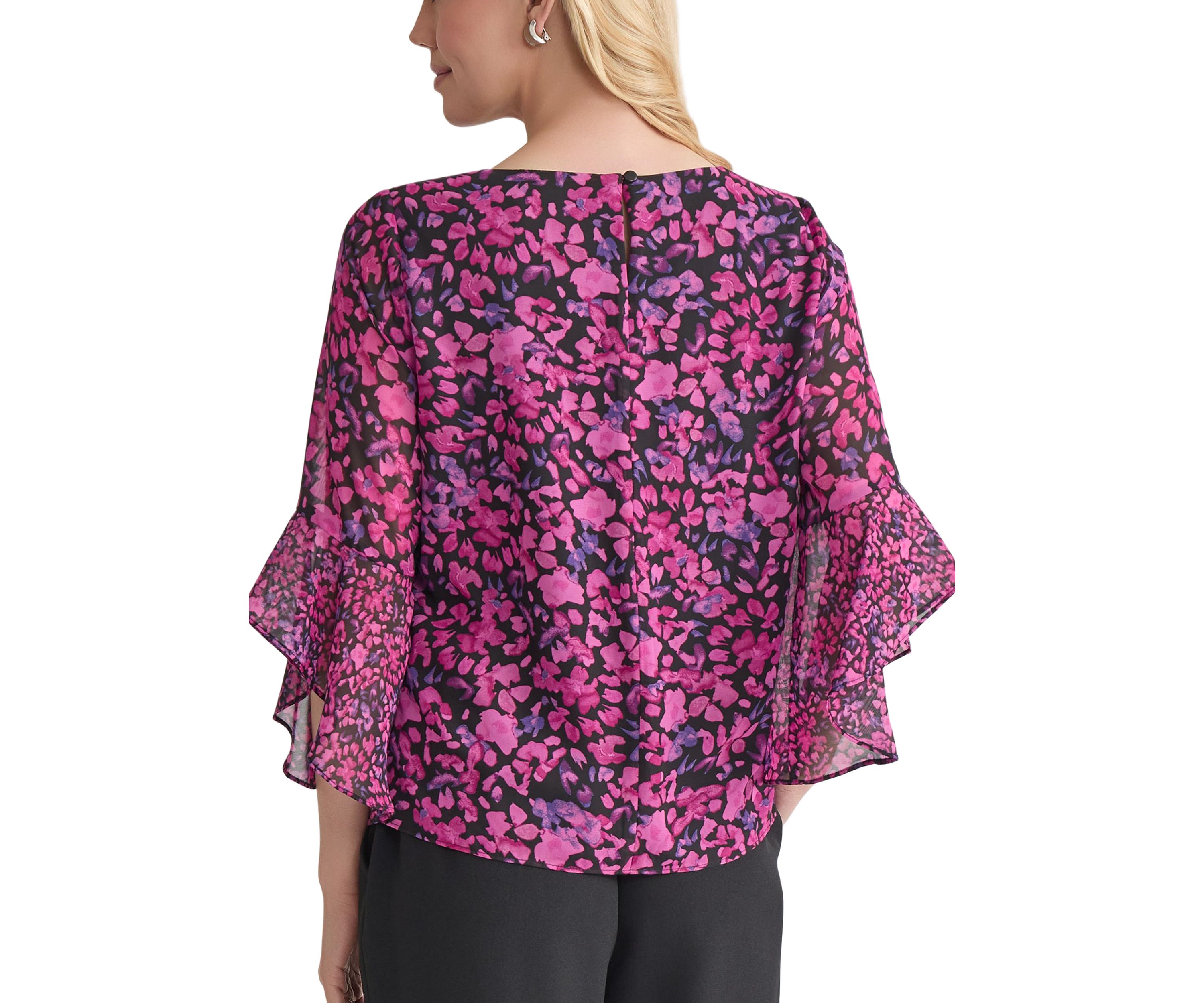Womens Floral Printed Ruffle Bell Sleeve Blouse