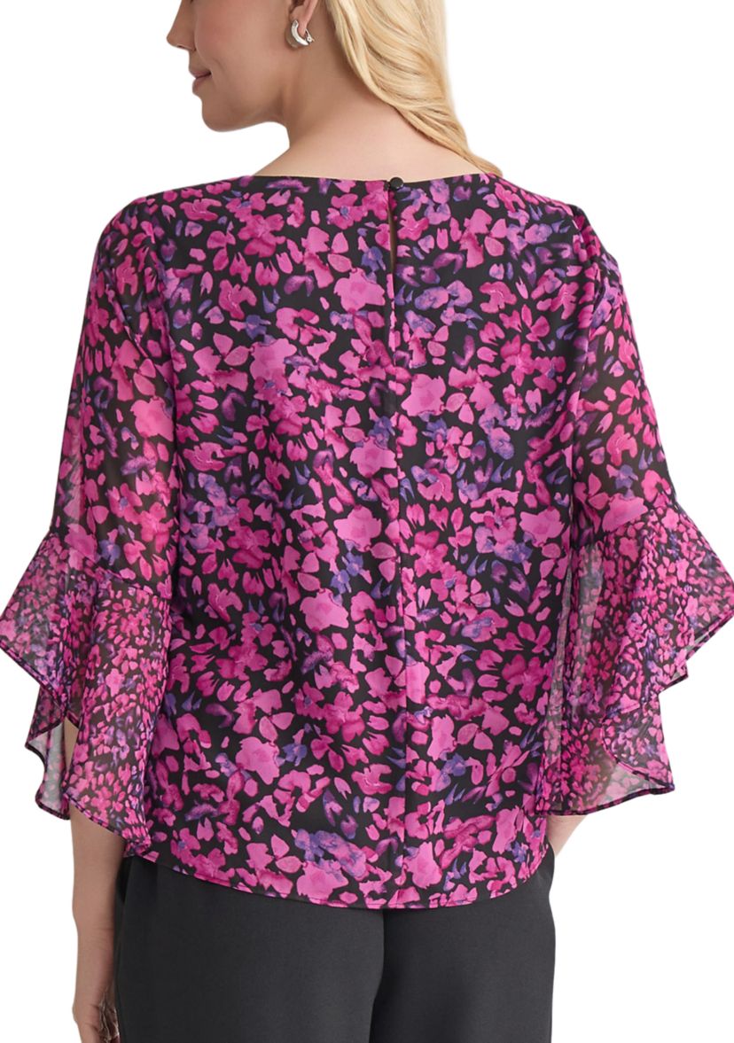 Womens Floral Printed Ruffle Bell Sleeve Blouse