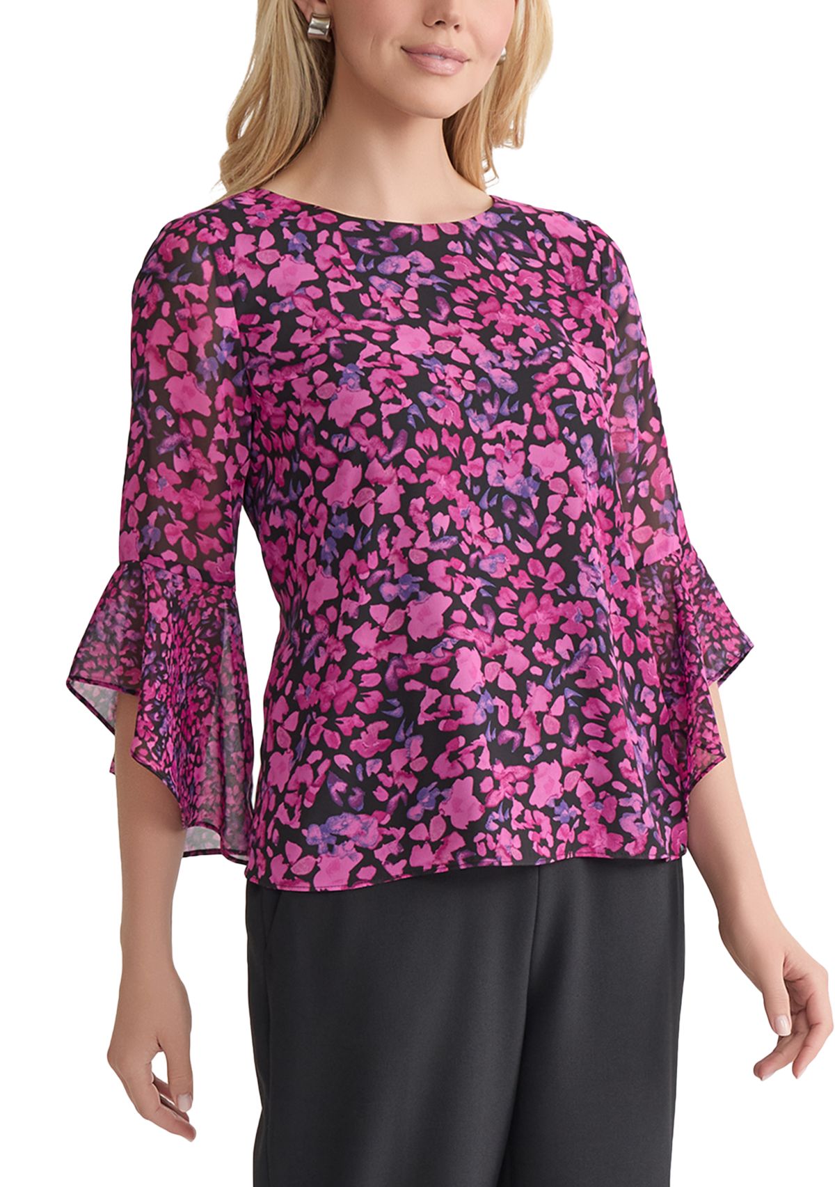 Womens Floral Printed Ruffle Bell Sleeve Blouse