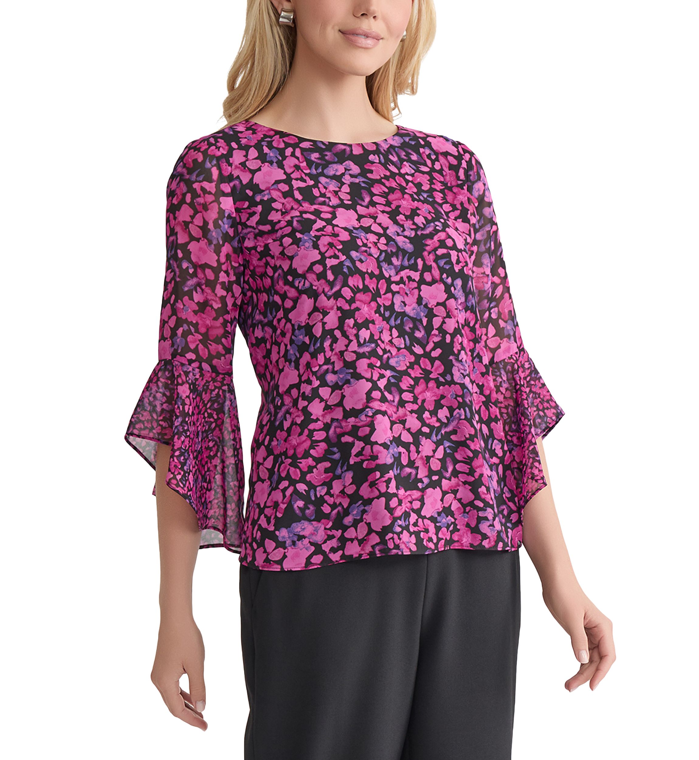 Womens Floral Printed Ruffle Bell Sleeve Blouse