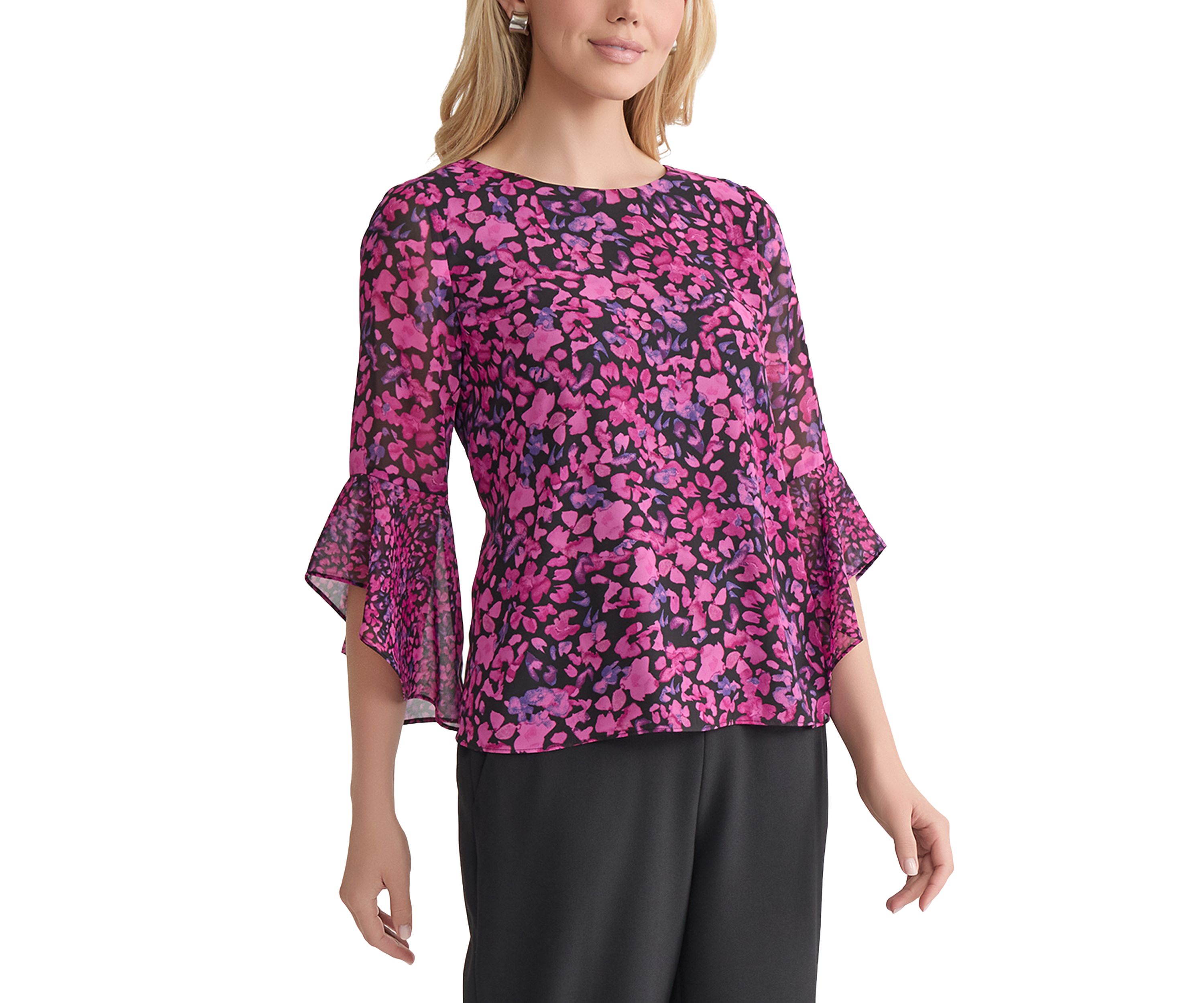 Womens Floral Printed Ruffle Bell Sleeve Blouse