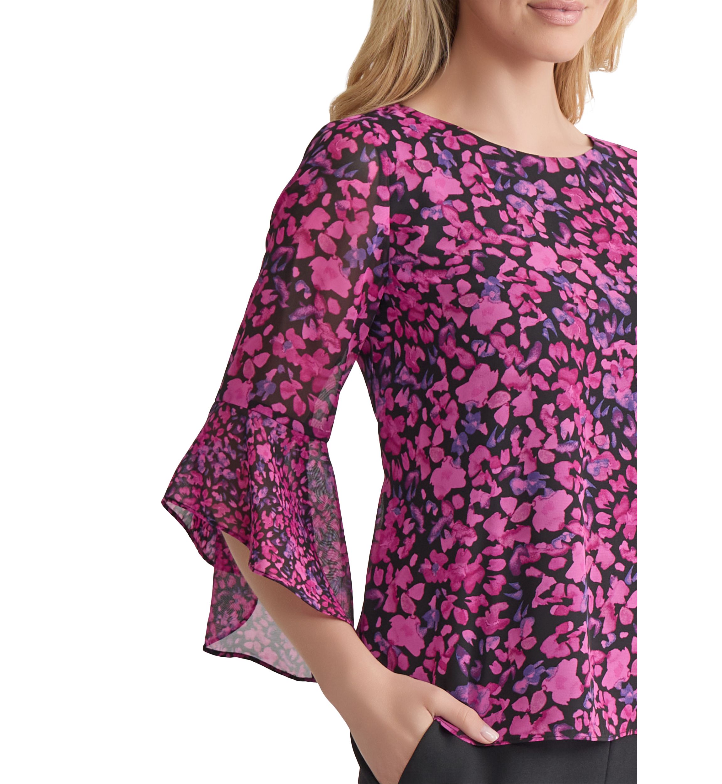 Womens Floral Printed Ruffle Bell Sleeve Blouse