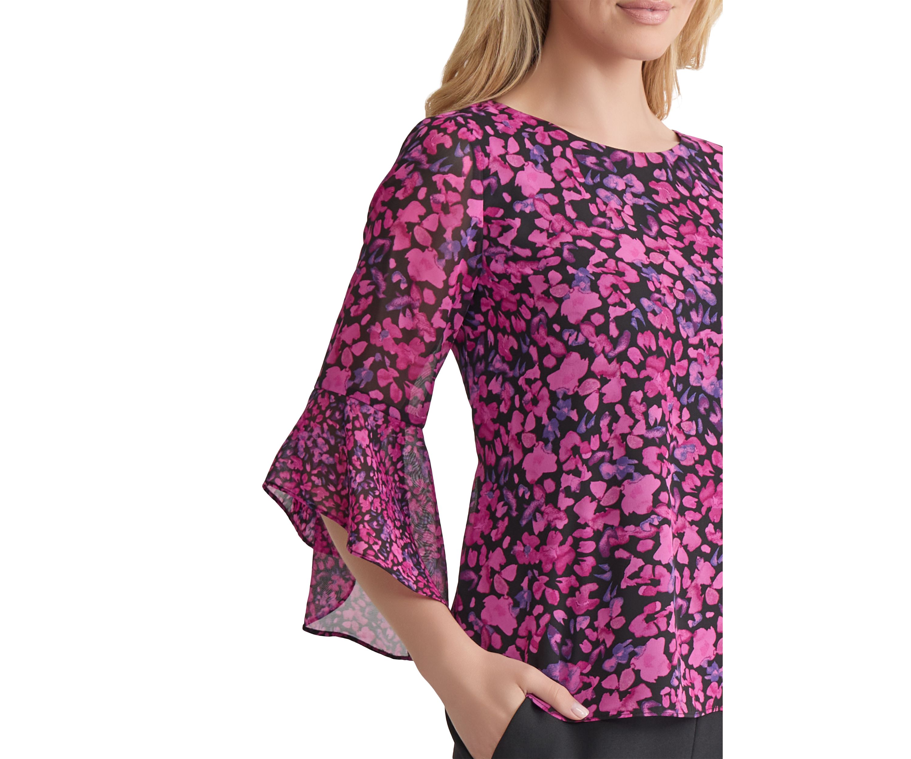 Womens Floral Printed Ruffle Bell Sleeve Blouse