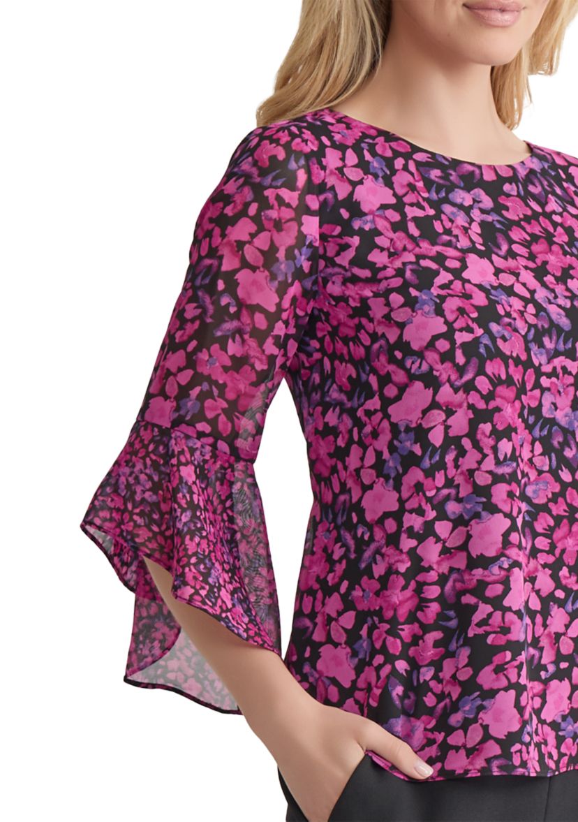 Womens Floral Printed Ruffle Bell Sleeve Blouse