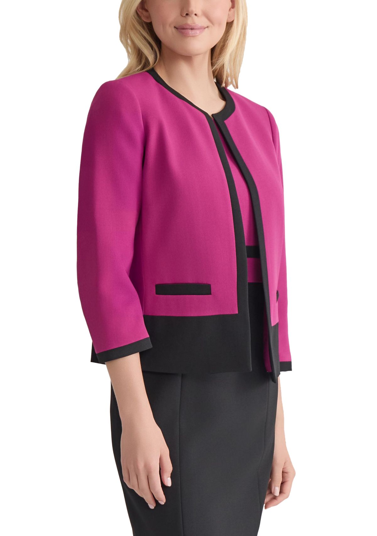 Womens Stretch Crepe Color Block Open Jacket