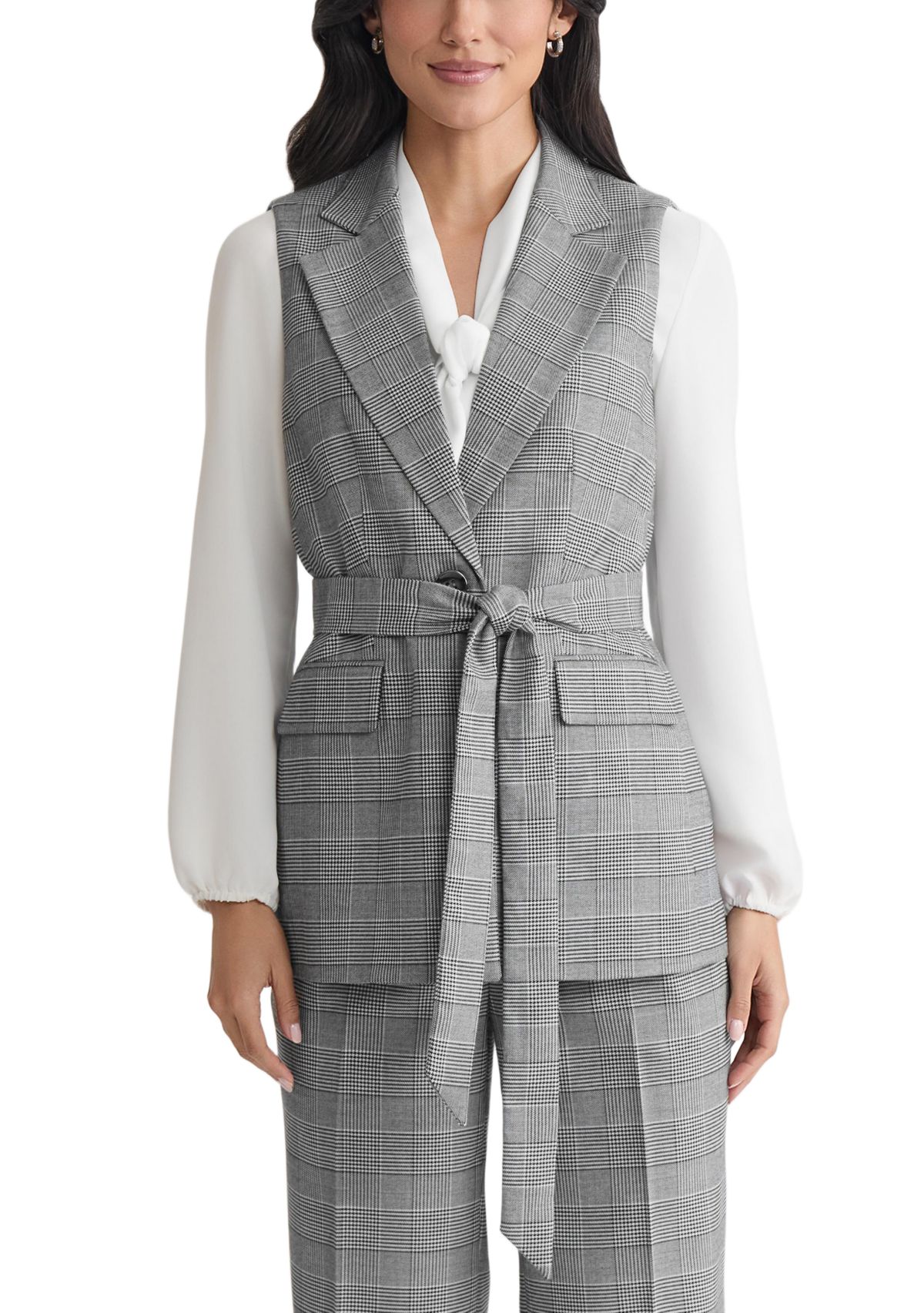 Womens Glen Plaid One Button Belted Vest