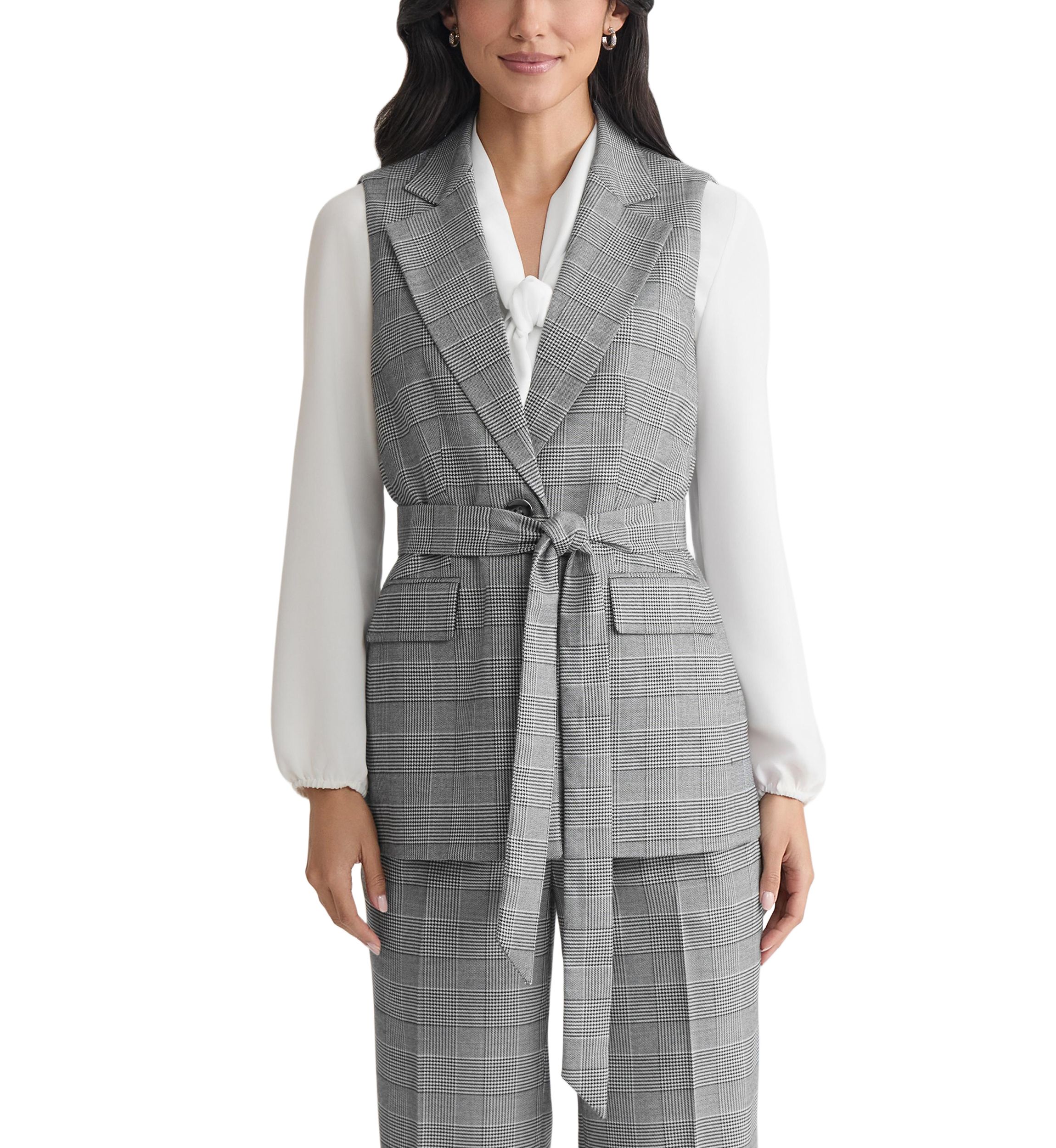 Womens Glen Plaid One Button Belted Vest