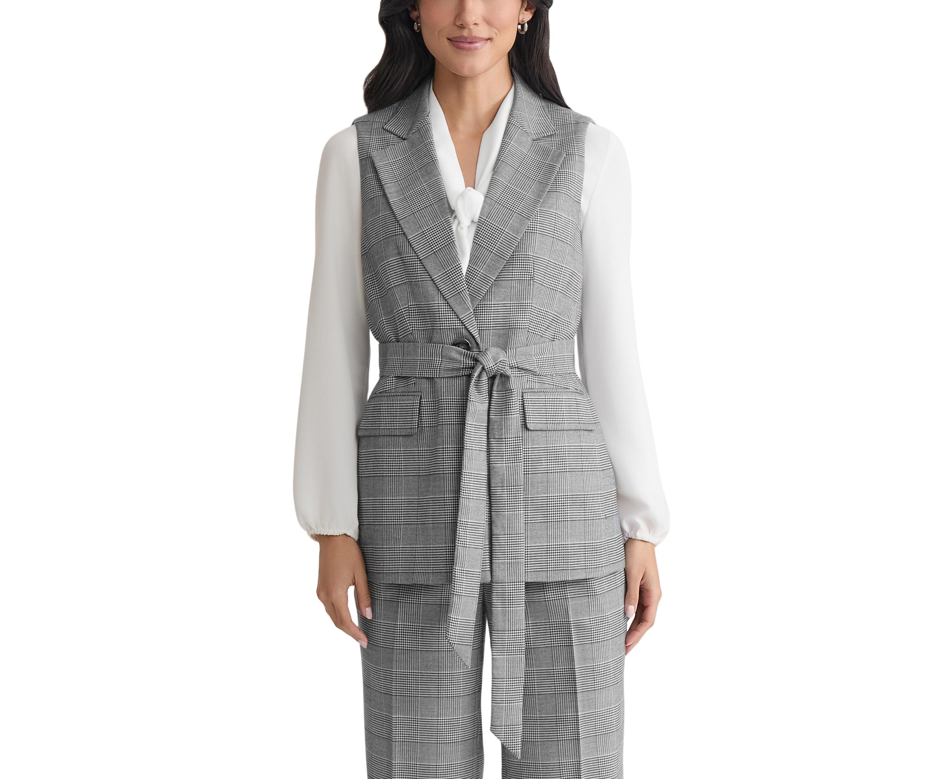 Womens Glen Plaid One Button Belted Vest