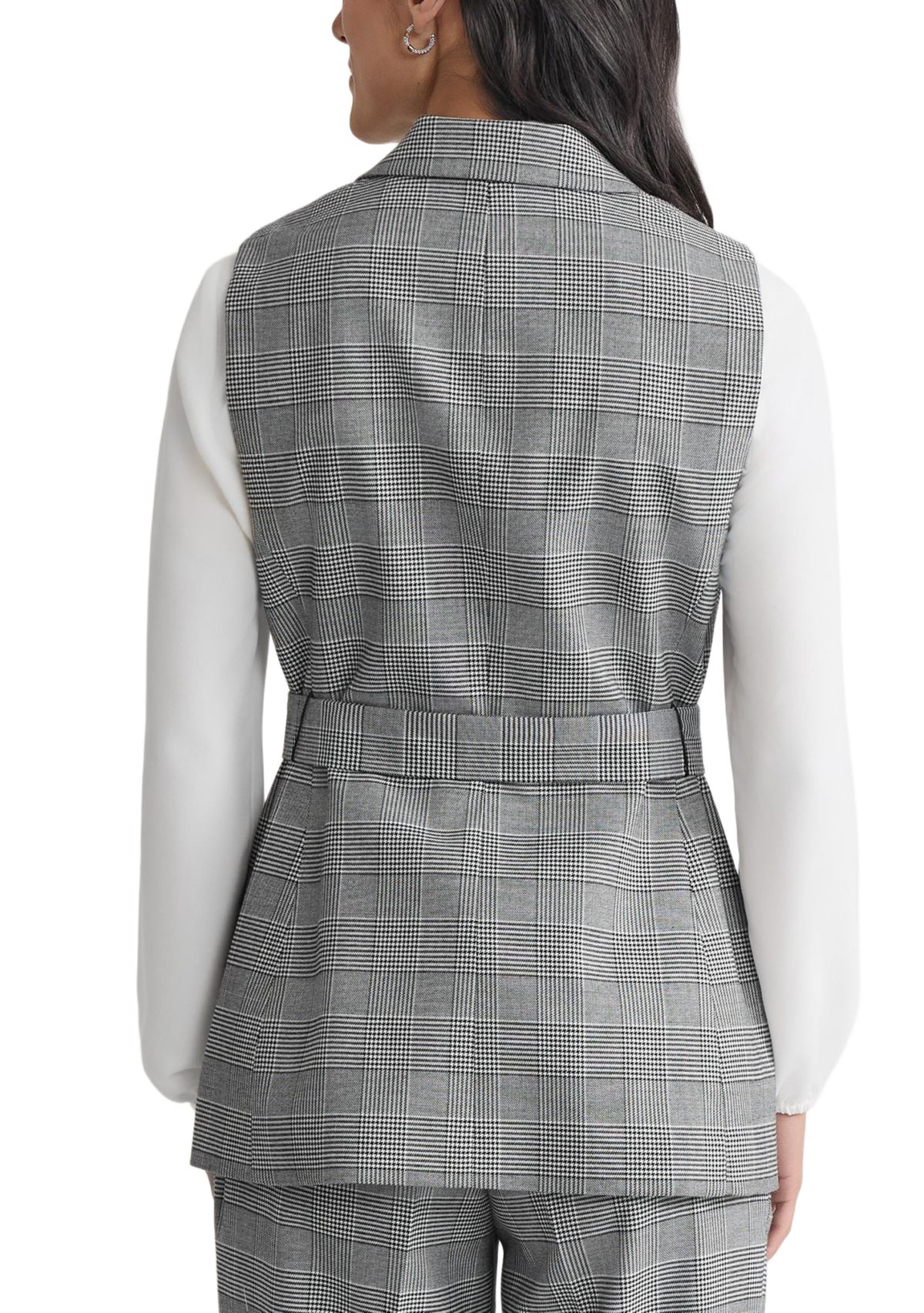 Womens Glen Plaid One Button Belted Vest