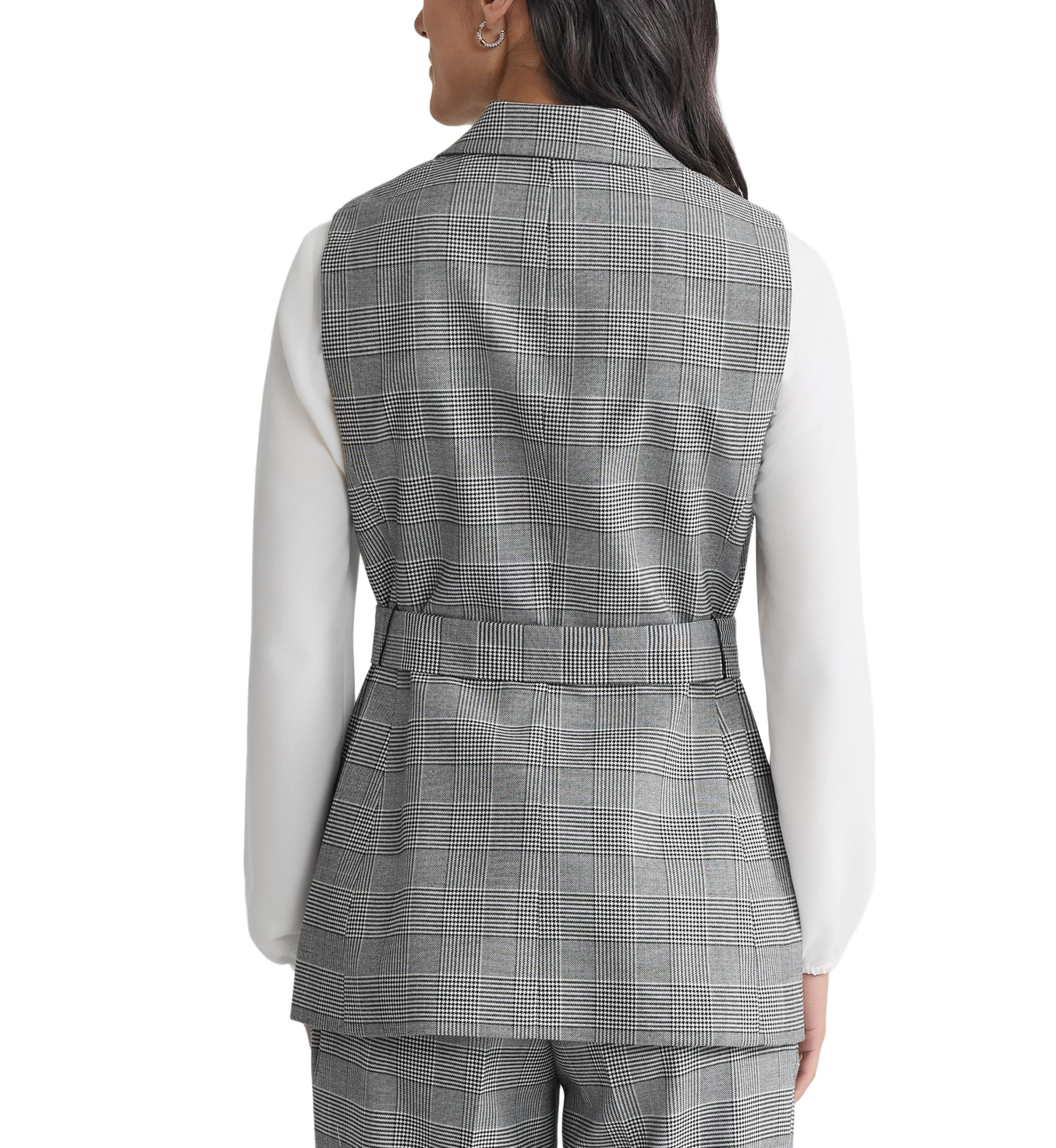 Womens Glen Plaid One Button Belted Vest