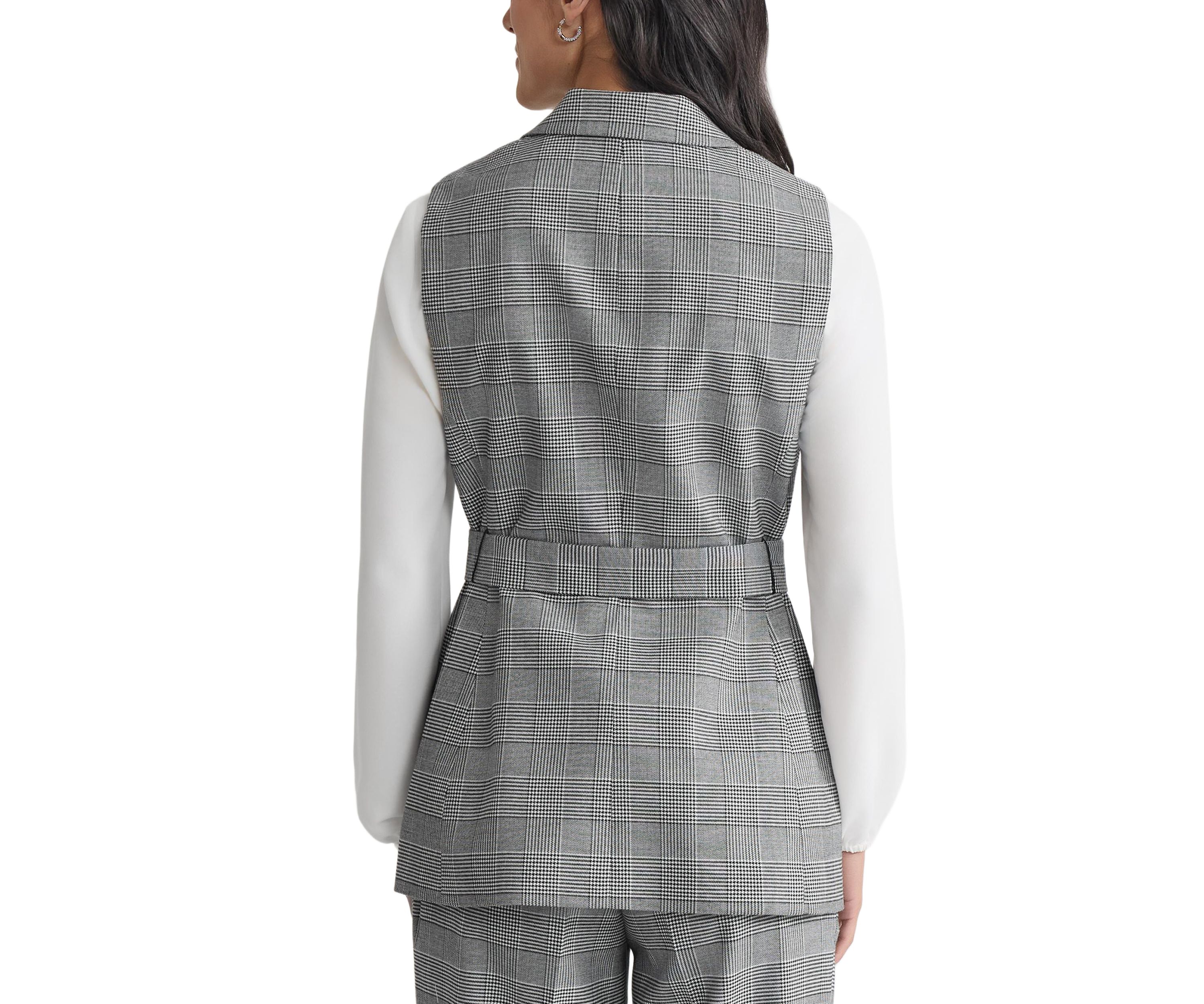 Womens Glen Plaid One Button Belted Vest