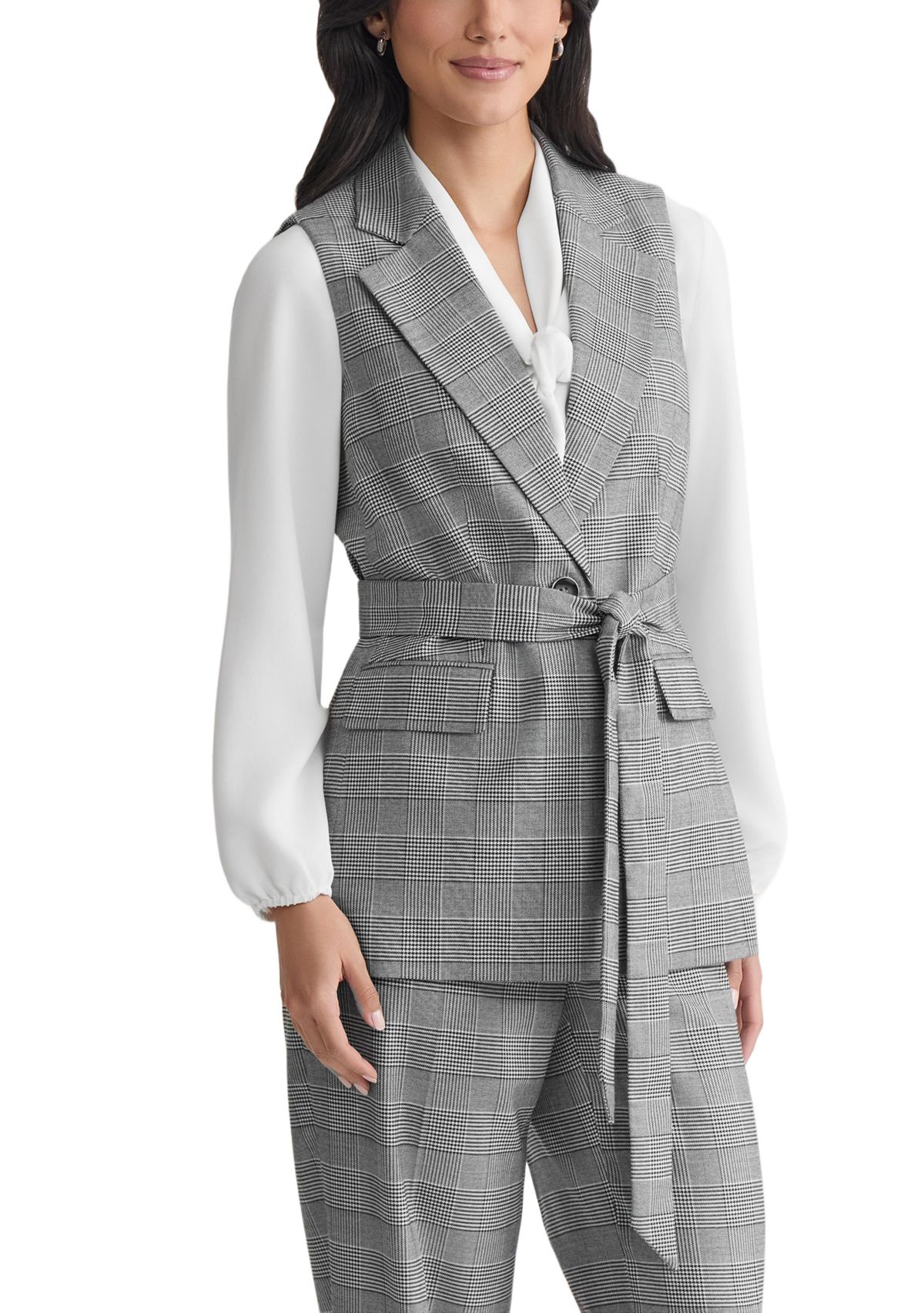Womens Glen Plaid One Button Belted Vest