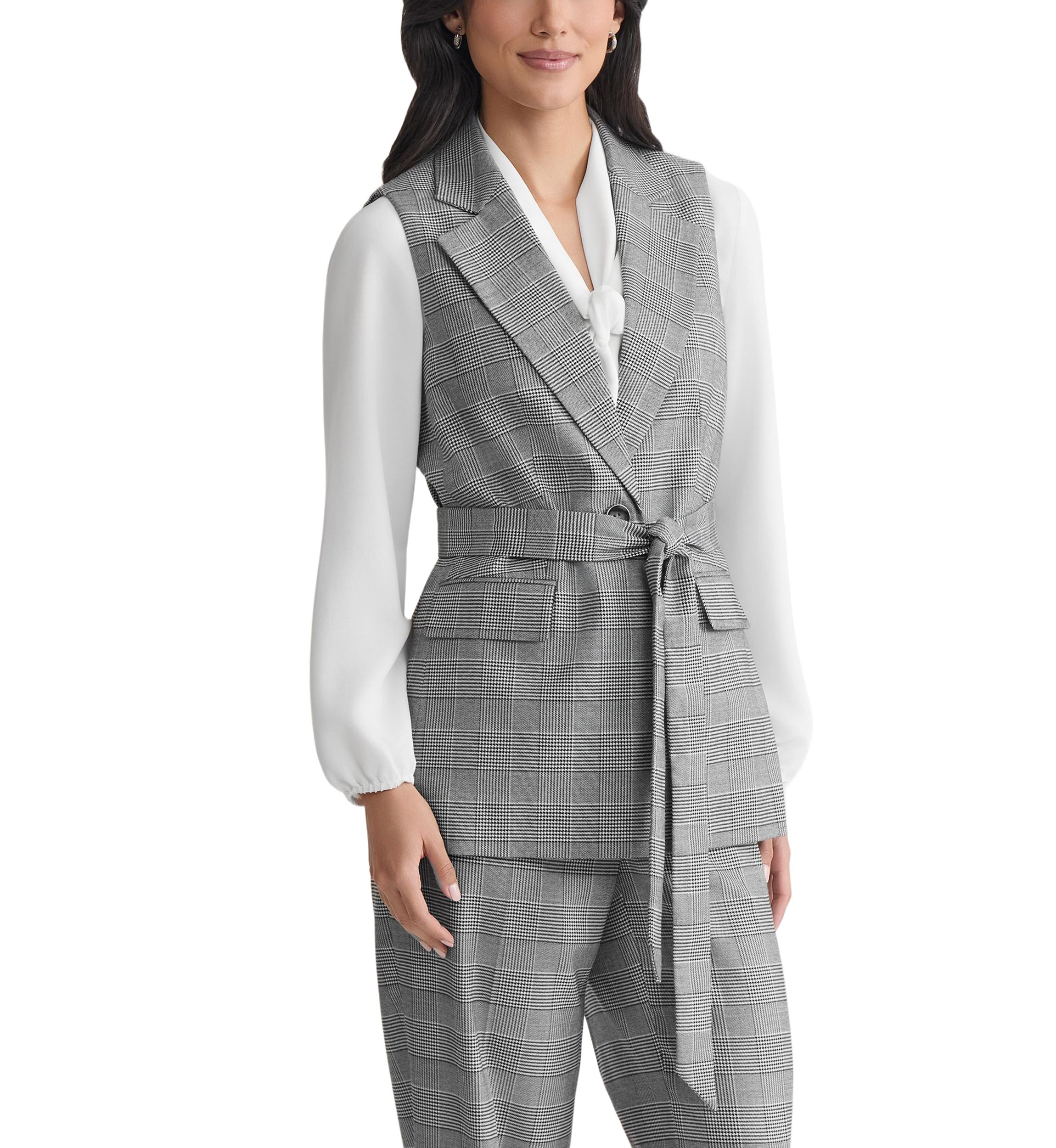 Womens Glen Plaid One Button Belted Vest
