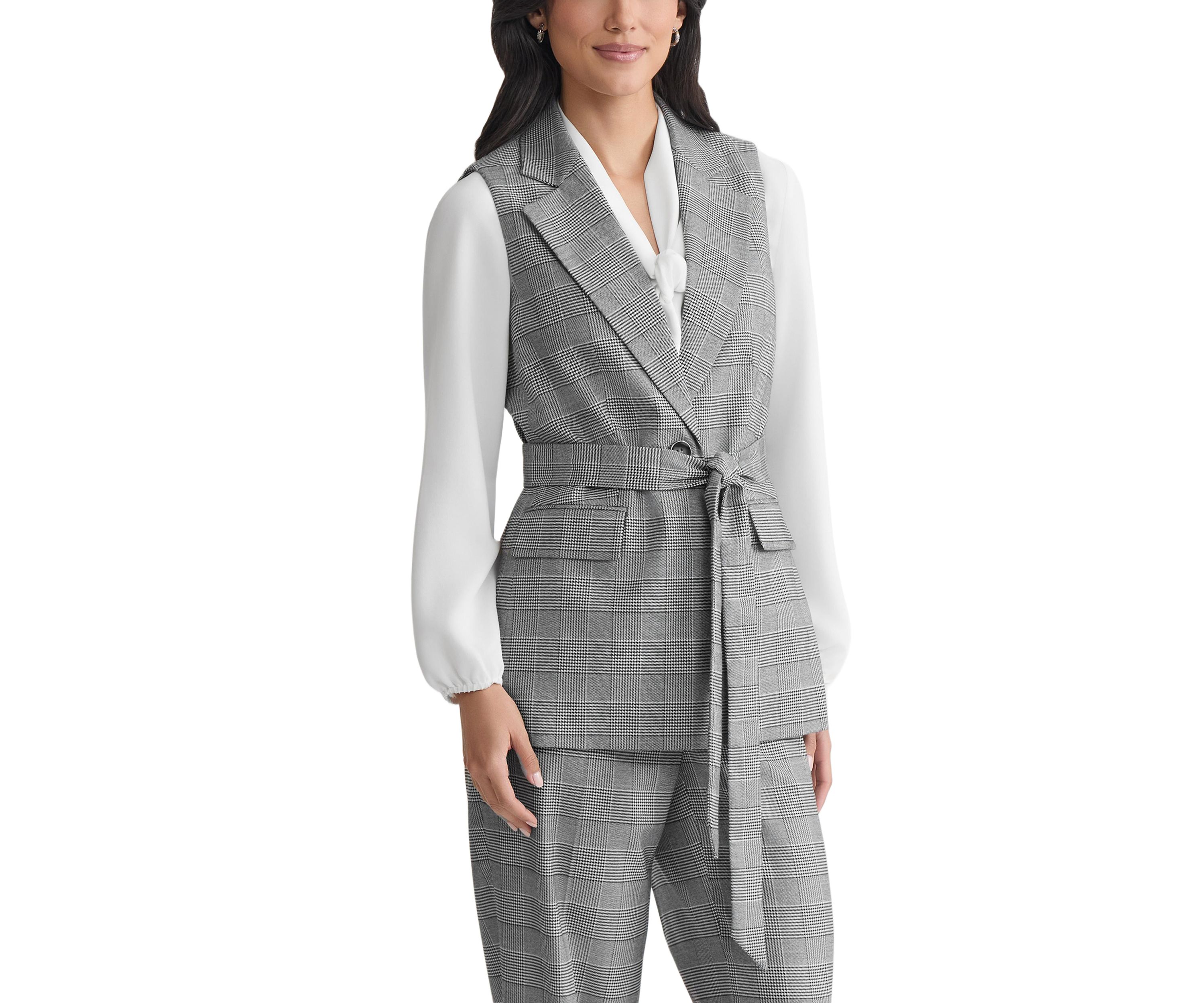 Womens Glen Plaid One Button Belted Vest