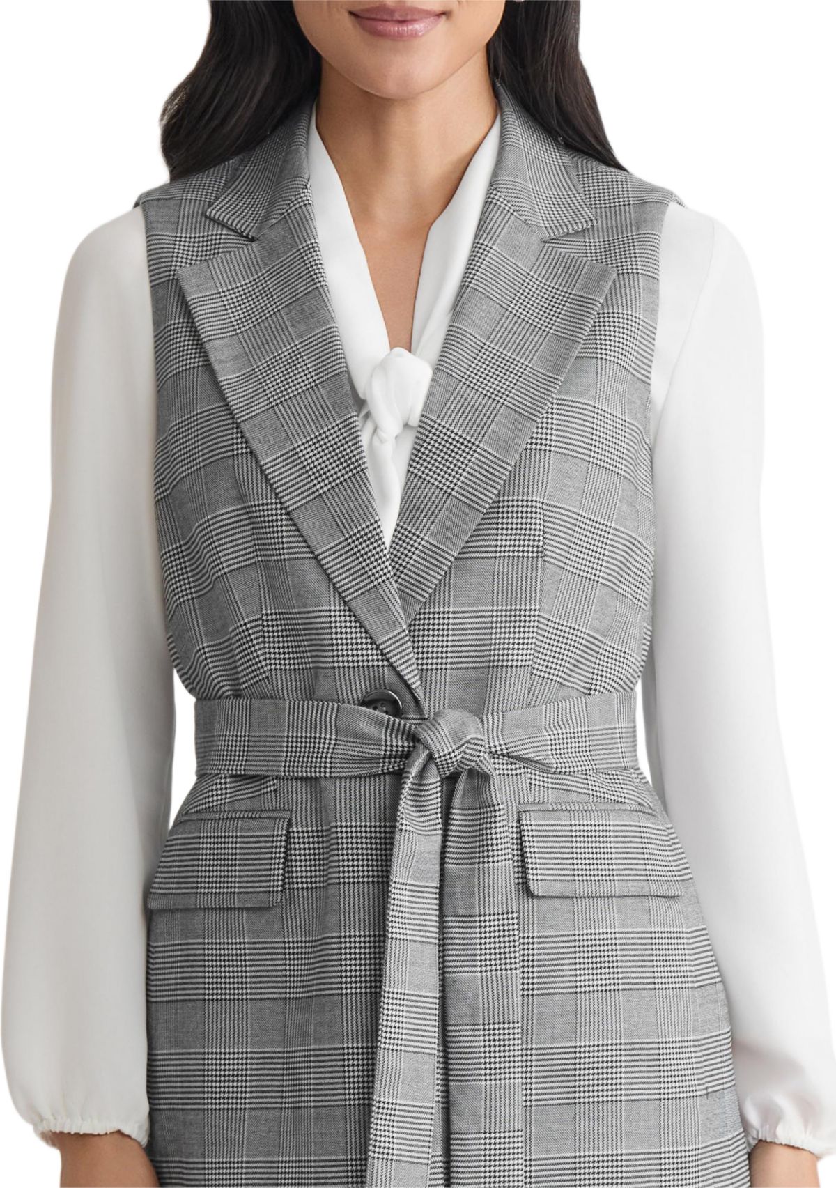 Womens Glen Plaid One Button Belted Vest