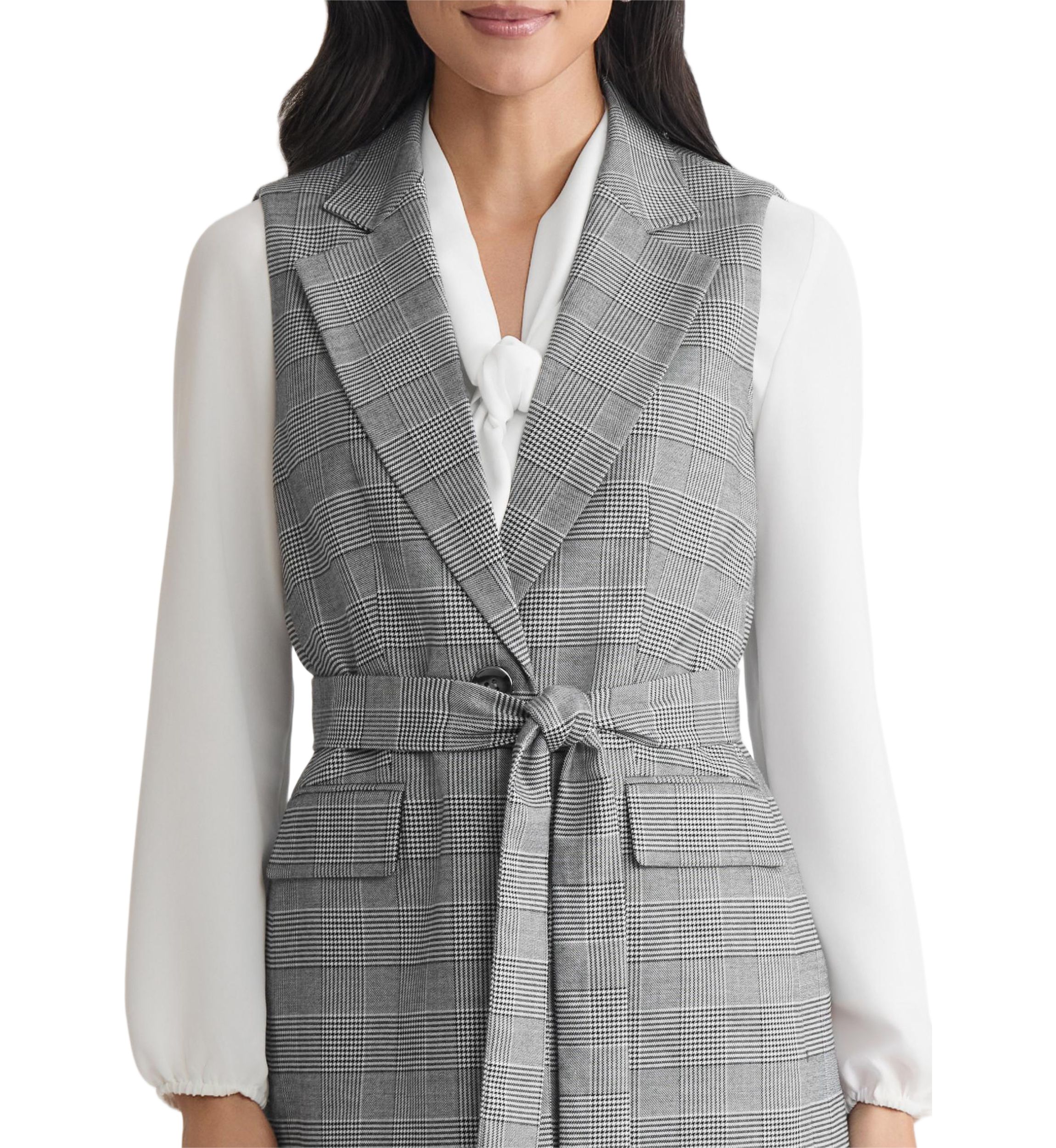Womens Glen Plaid One Button Belted Vest