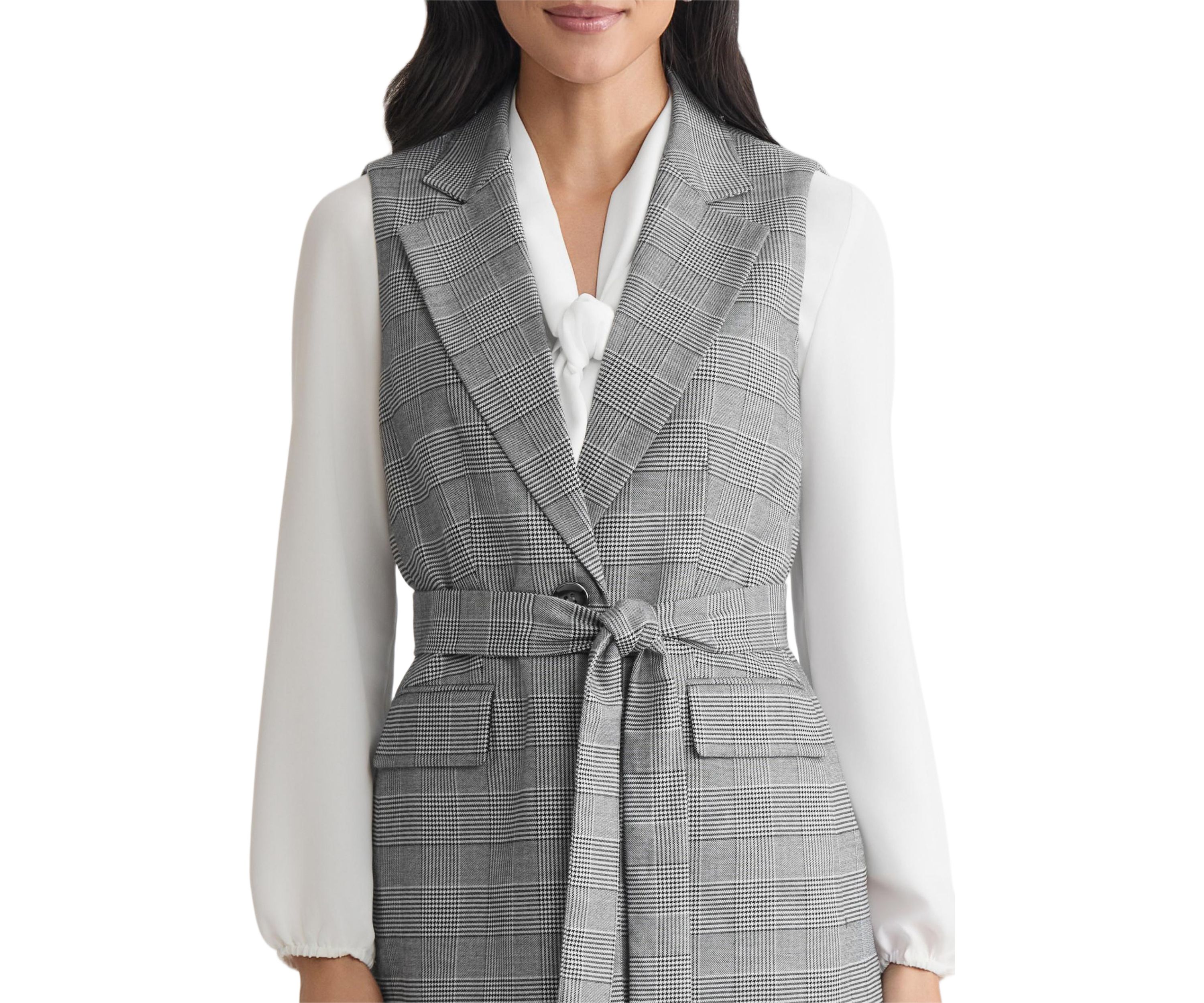 Womens Glen Plaid One Button Belted Vest