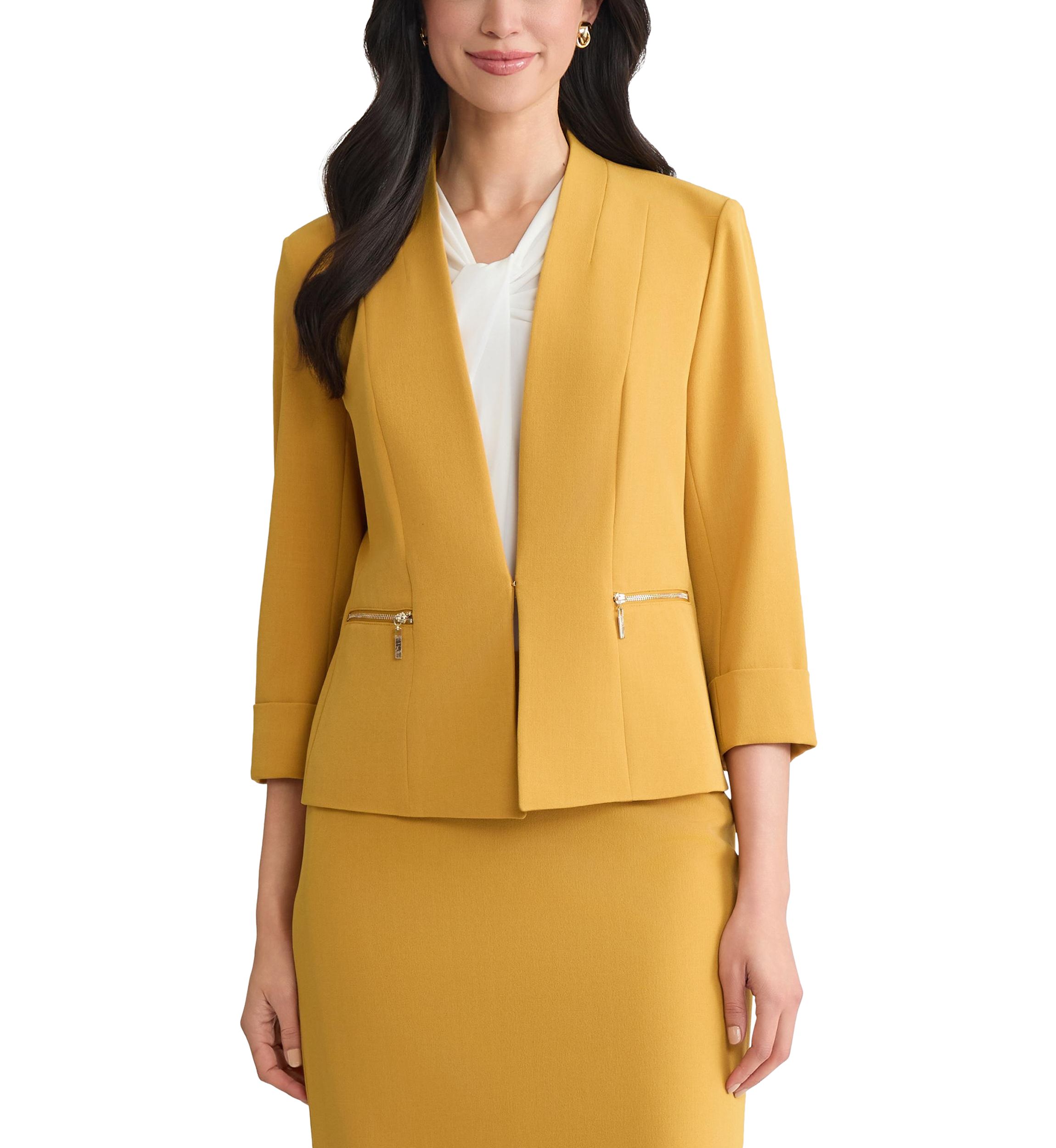 Womens Stretch Crepe Open Front Jacket with Zip Pockets
