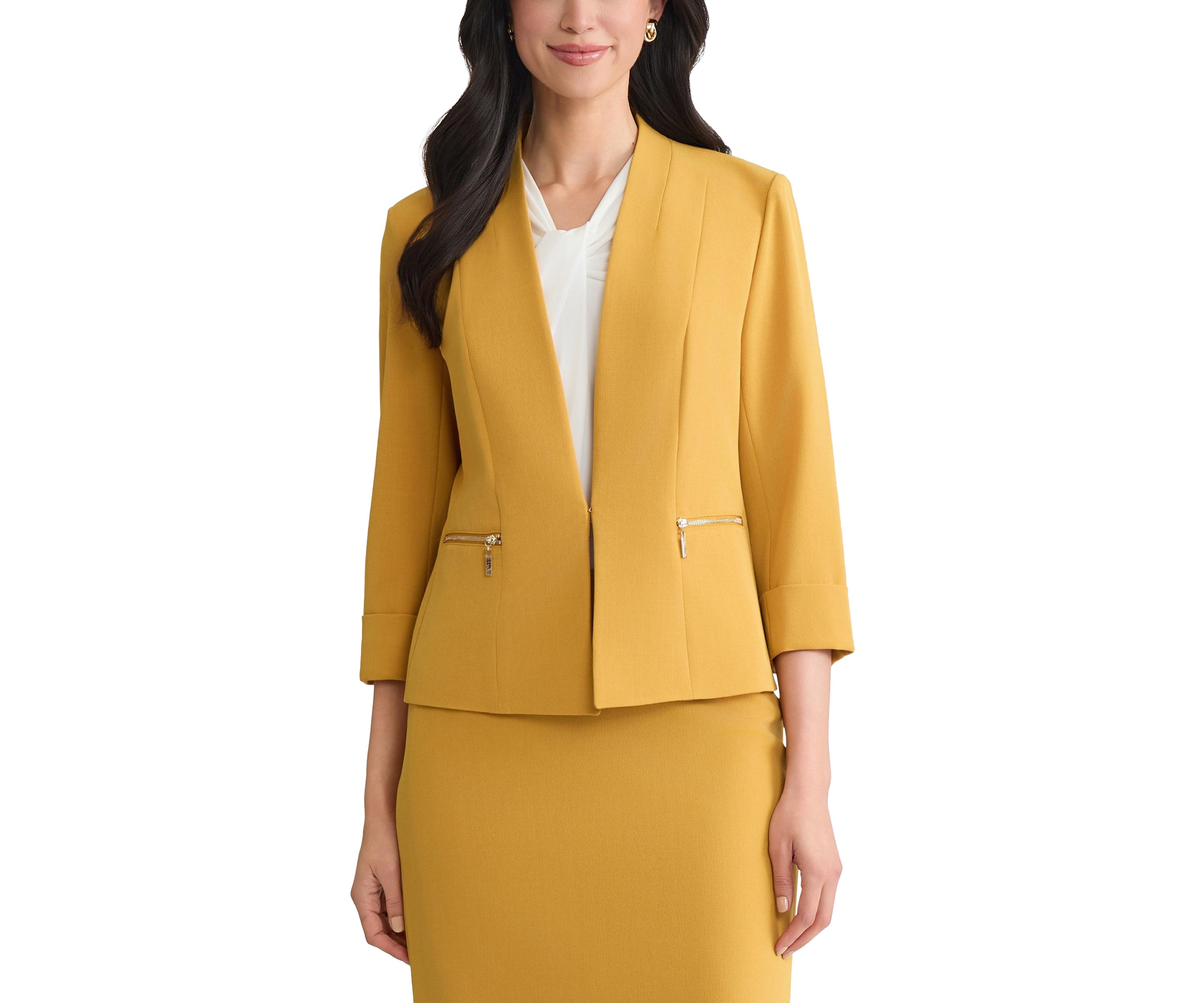 Womens Stretch Crepe Open Front Jacket with Zip Pockets
