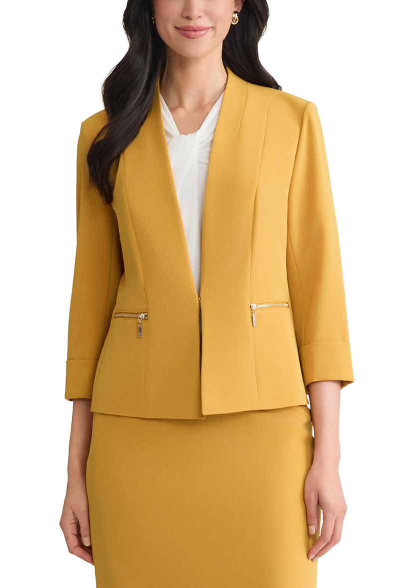 Womens Stretch Crepe Open Front Jacket with Zip Pockets
