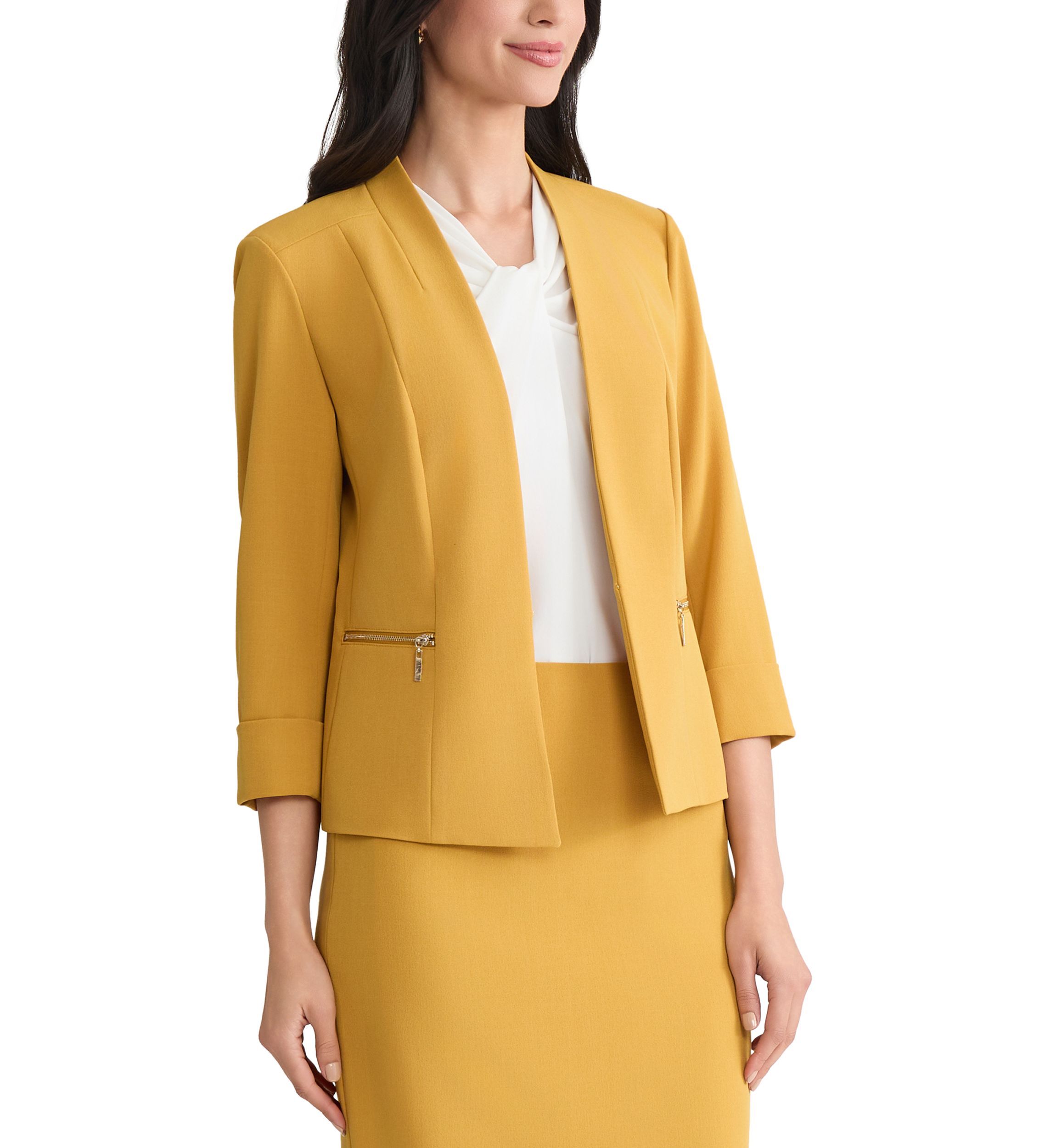 Womens Stretch Crepe Open Front Jacket with Zip Pockets