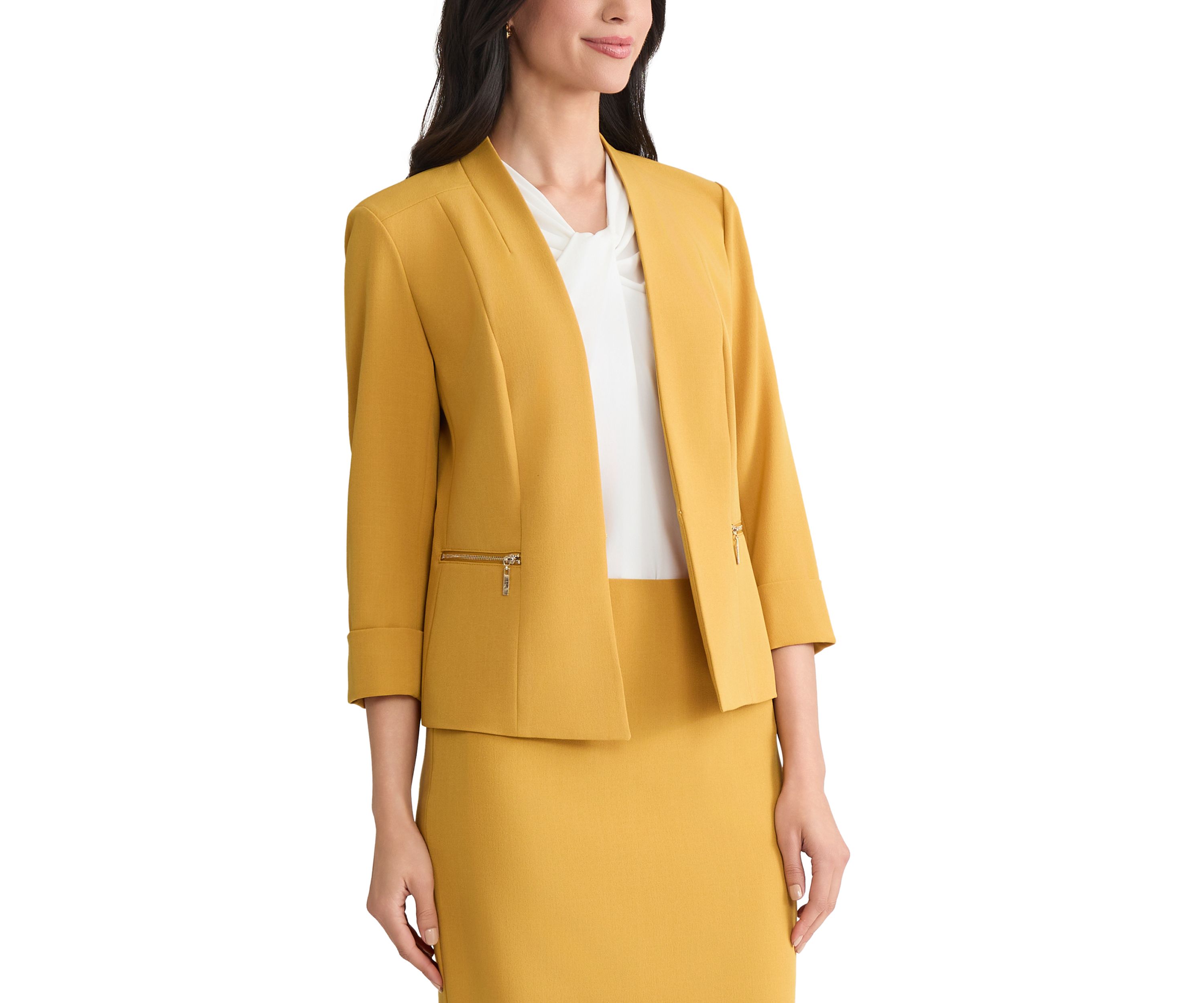 Womens Stretch Crepe Open Front Jacket with Zip Pockets