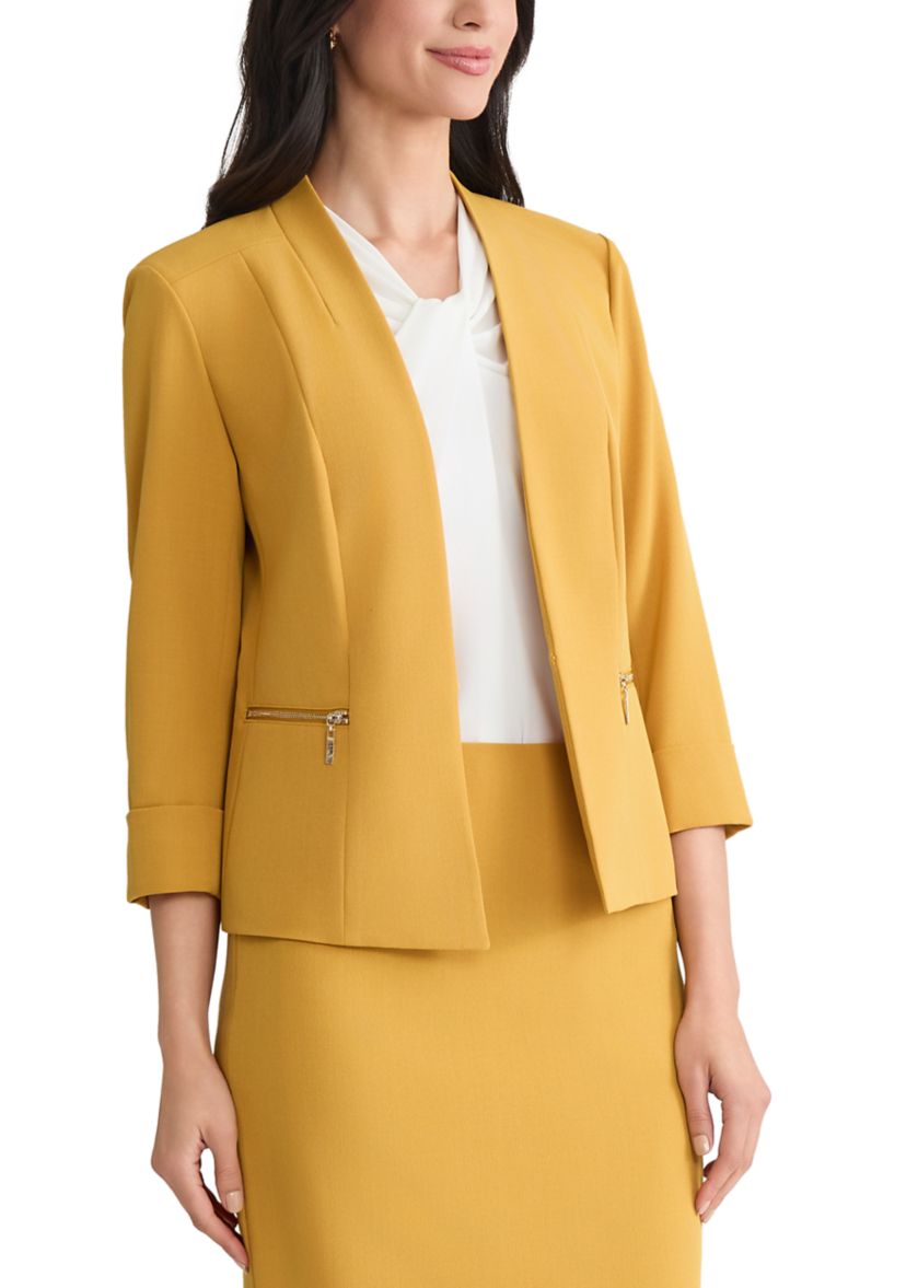 Womens Stretch Crepe Open Front Jacket with Zip Pockets