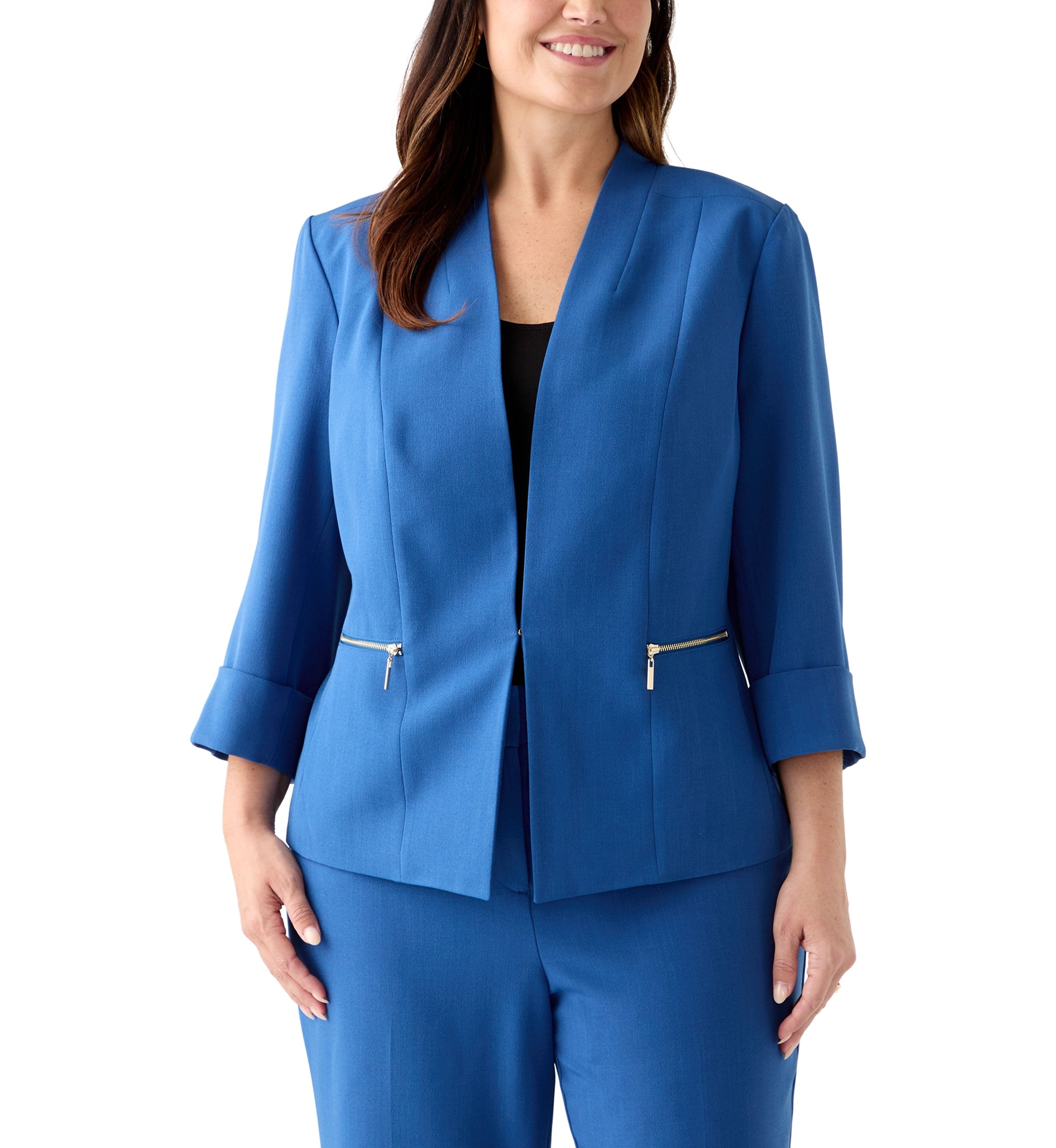 Plus Size Stretch Crepe Open Jacket with Zip Pockets