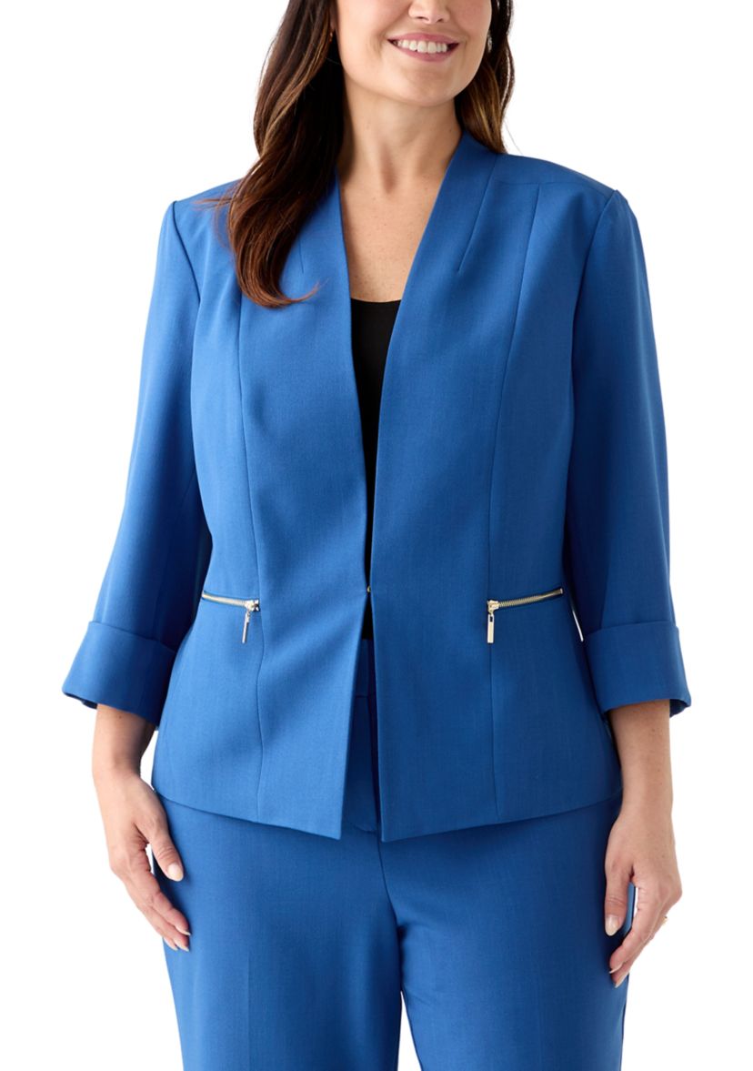 Plus Size Stretch Crepe Open Jacket with Zip Pockets