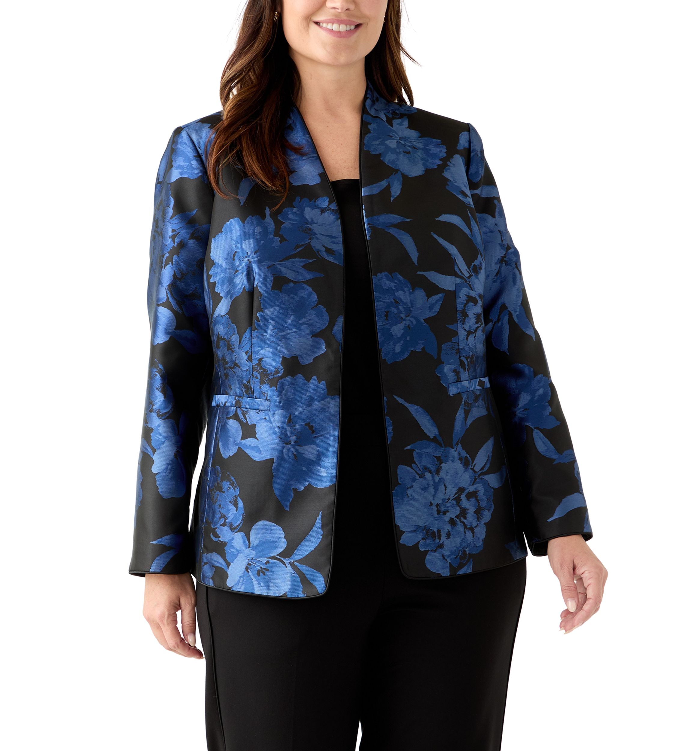 Plus Size Floral Jacquard Collarless Jacket
