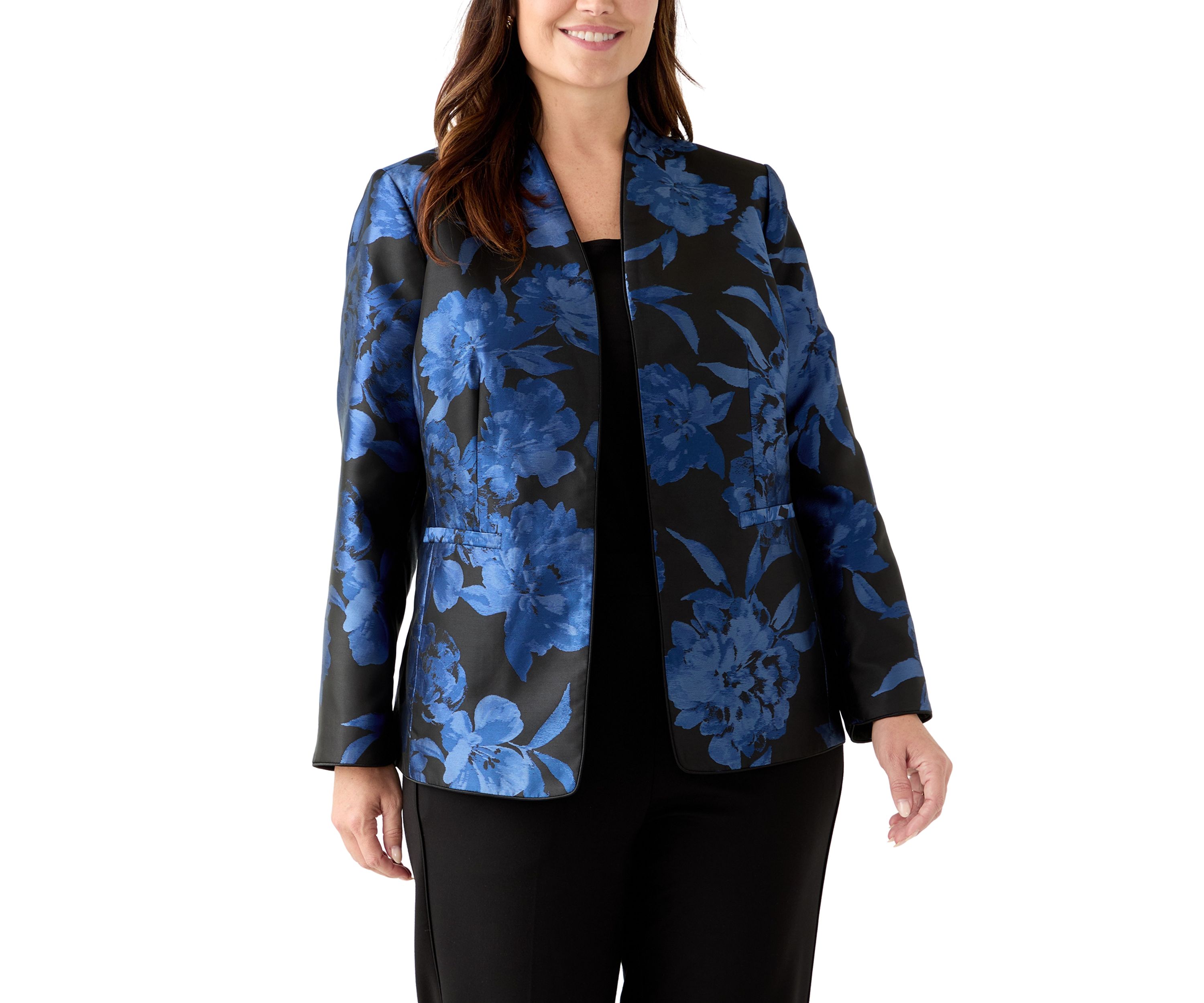 Plus Size Floral Jacquard Collarless Jacket