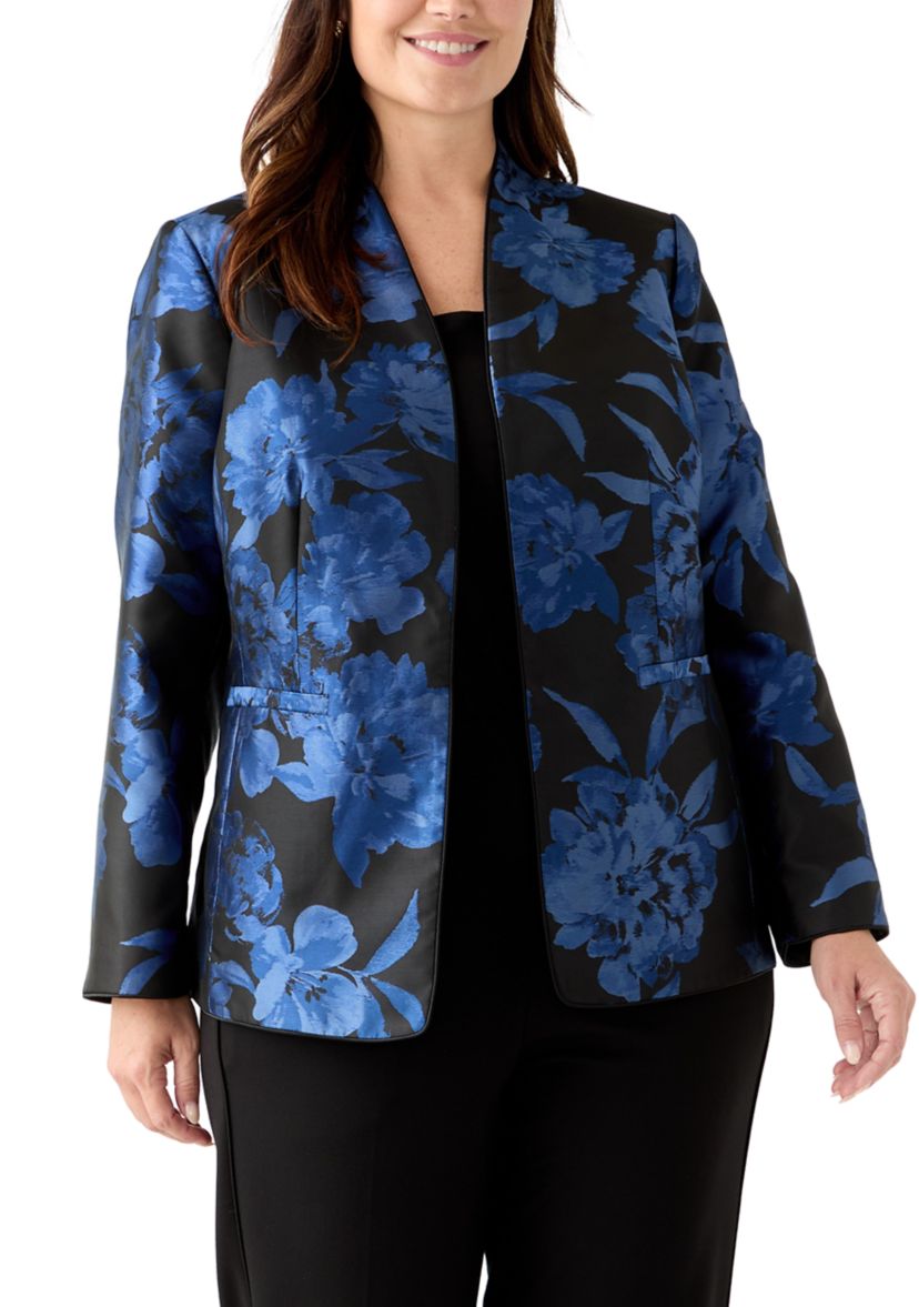 Plus Size Floral Jacquard Collarless Jacket