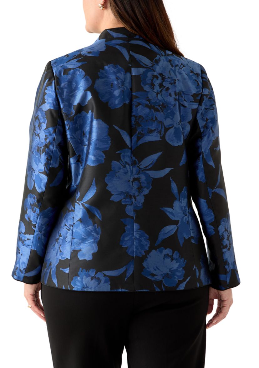 Plus Size Floral Jacquard Collarless Jacket