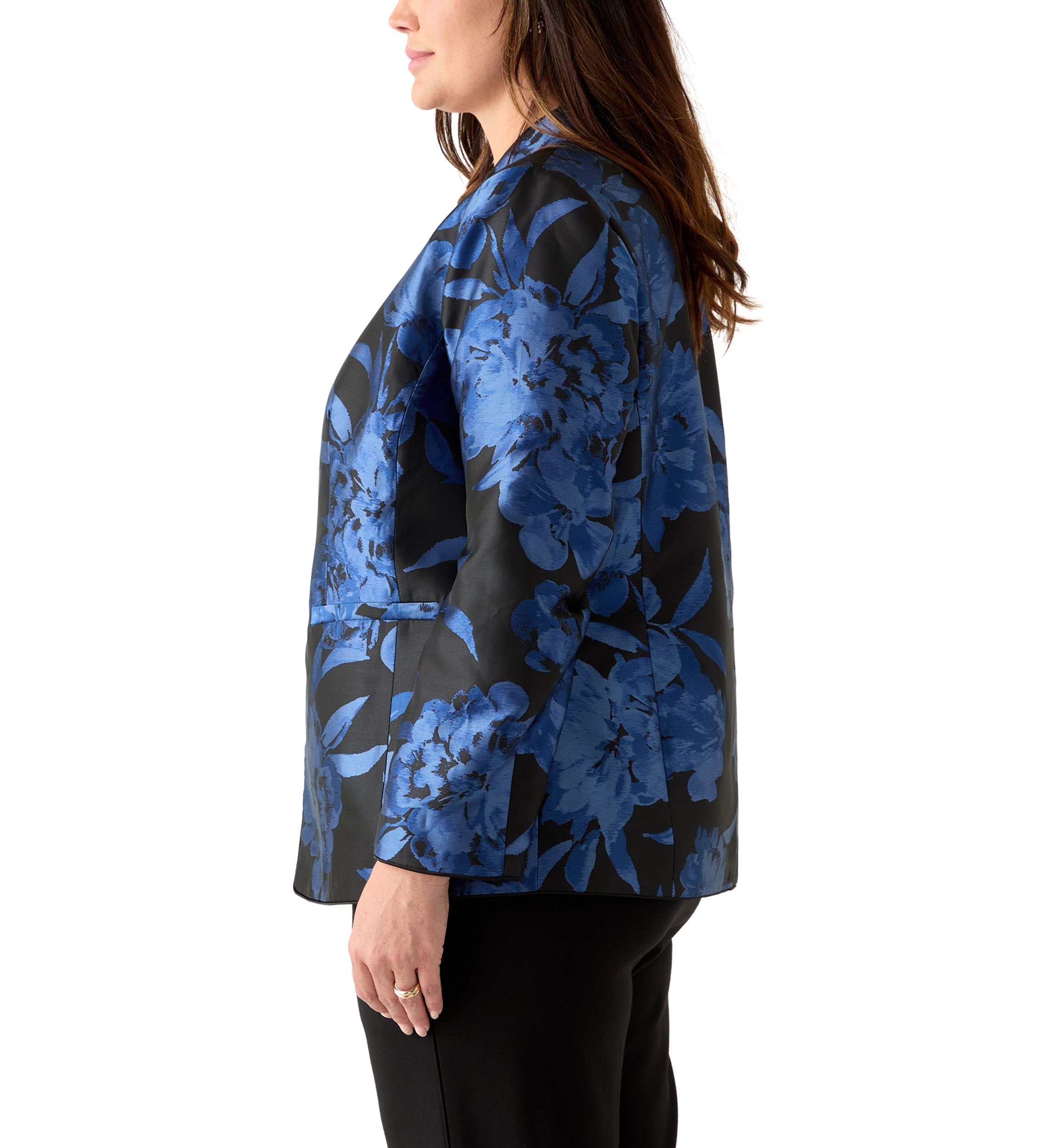 Plus Size Floral Jacquard Collarless Jacket