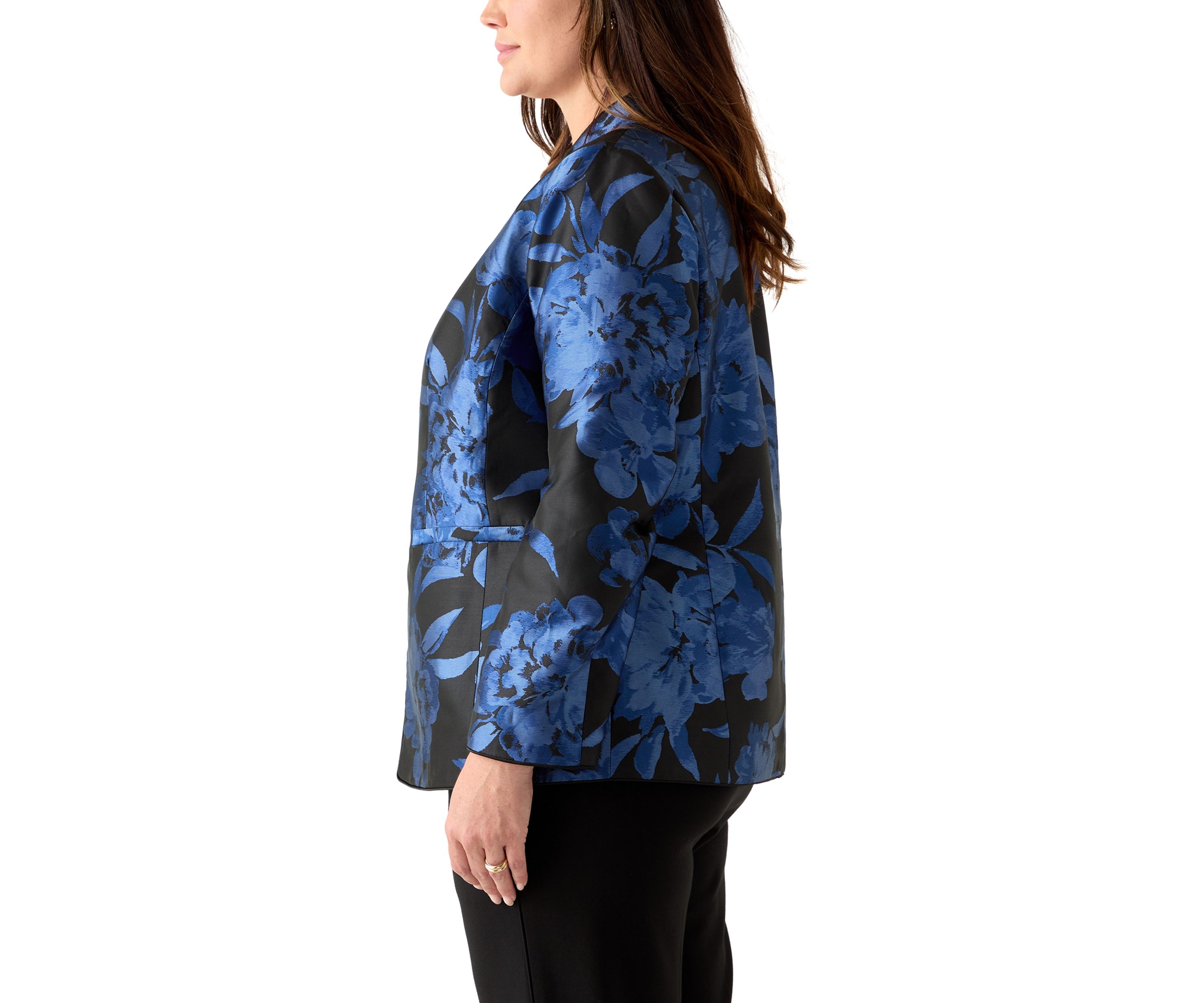 Plus Size Floral Jacquard Collarless Jacket