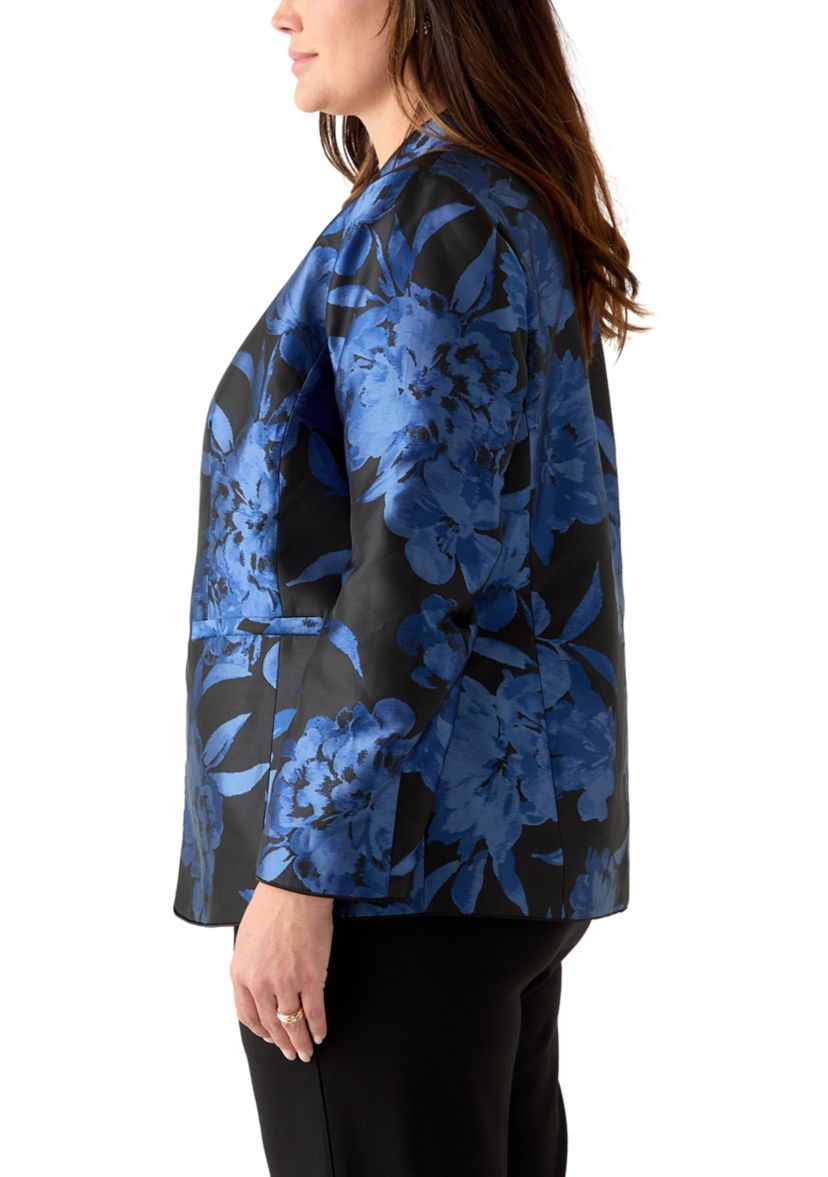 Plus Size Floral Jacquard Collarless Jacket