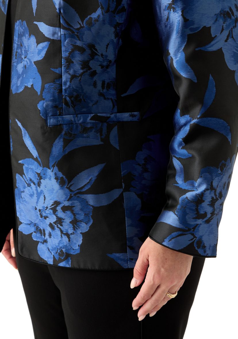 Plus Size Floral Jacquard Collarless Jacket
