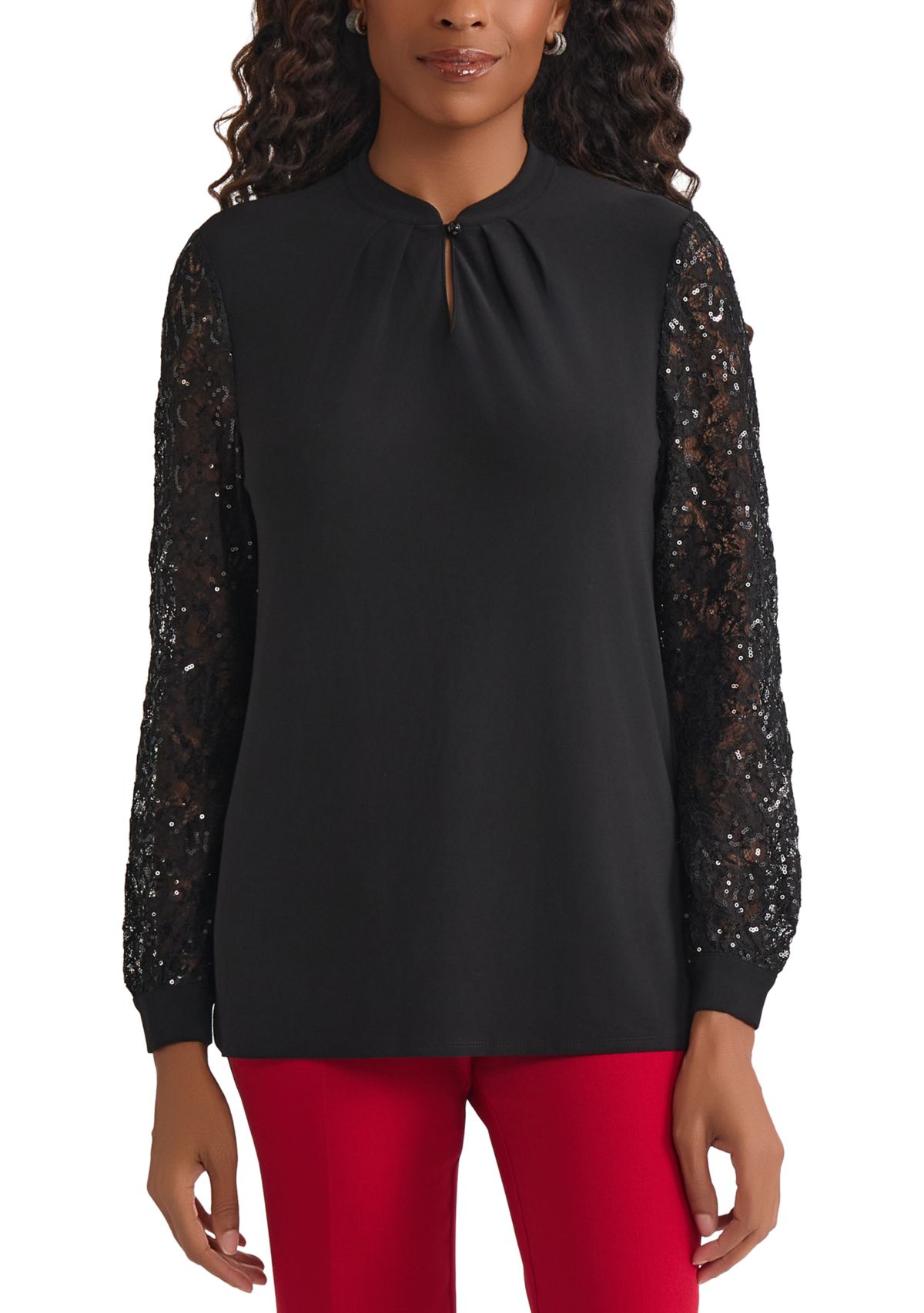 Womens Knit Top with Sequin Lace Sleeves