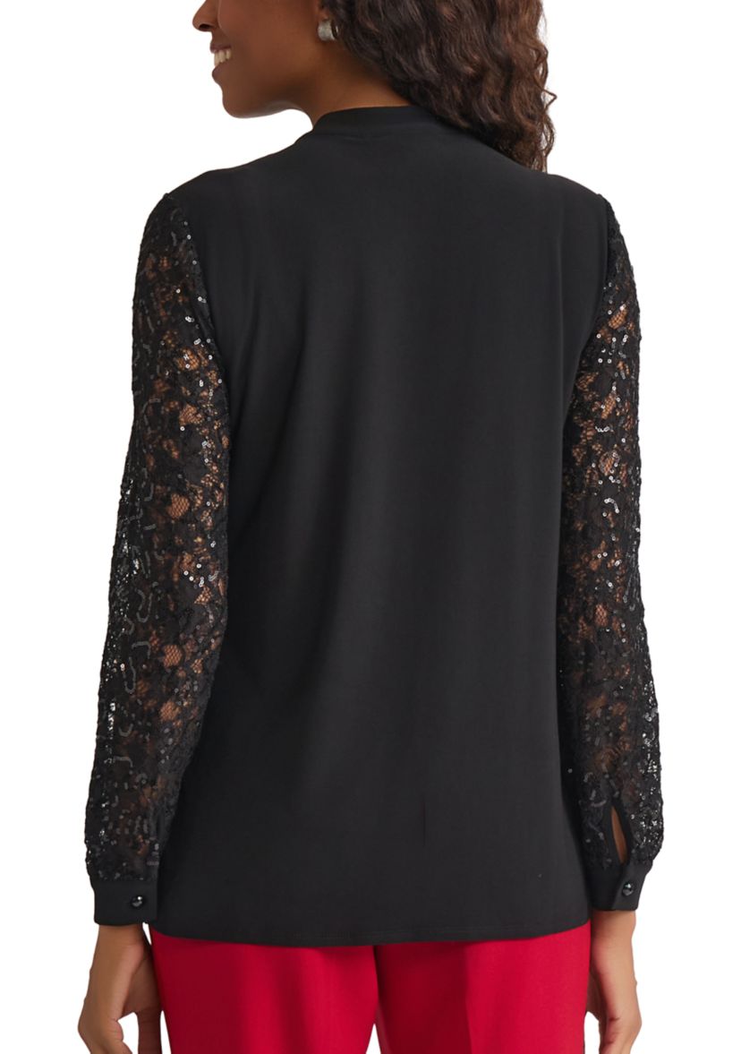 Womens Knit Top with Sequin Lace Sleeves