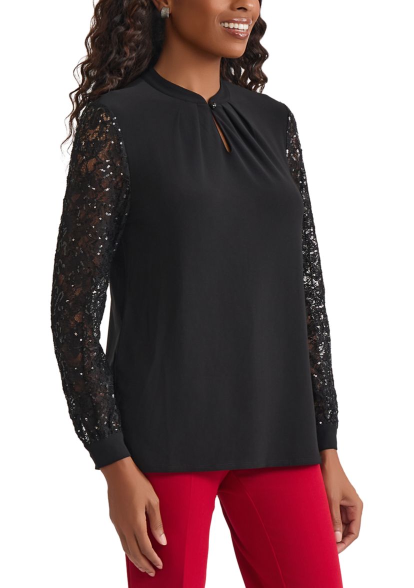 Womens Knit Top with Sequin Lace Sleeves