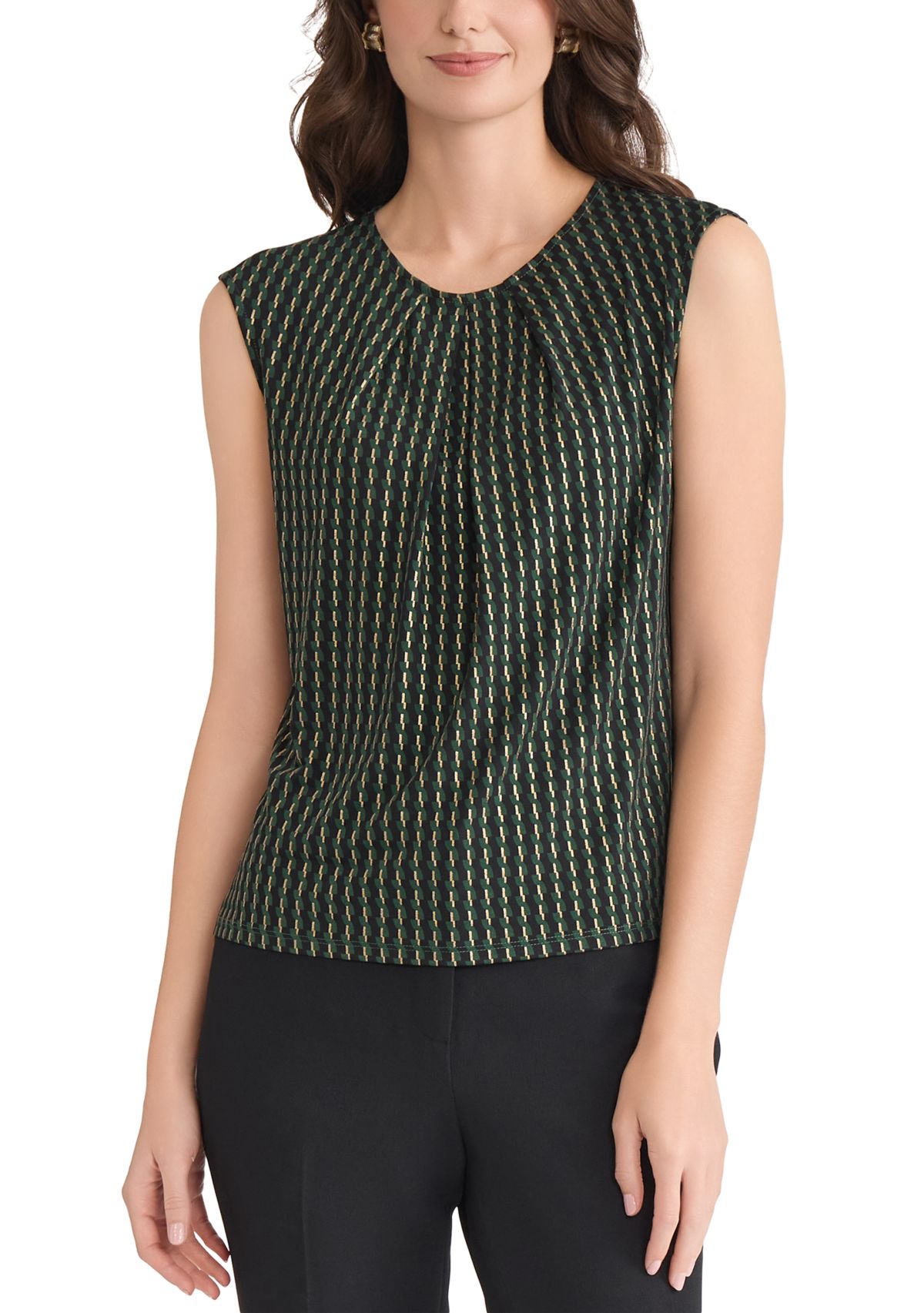 Petite Foil Print Pleat Neck Knit Top