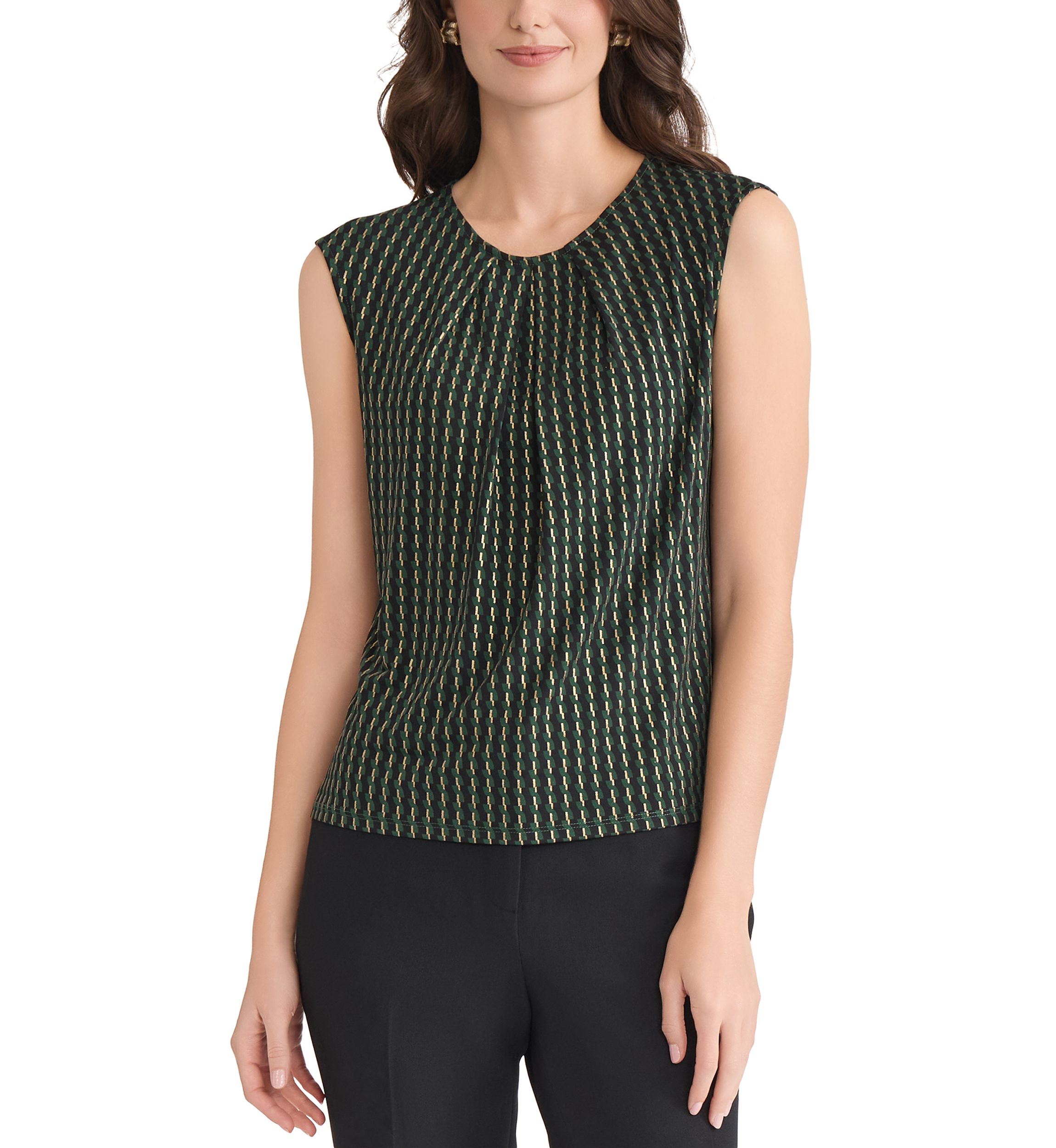 Petite Foil Print Pleat Neck Knit Top