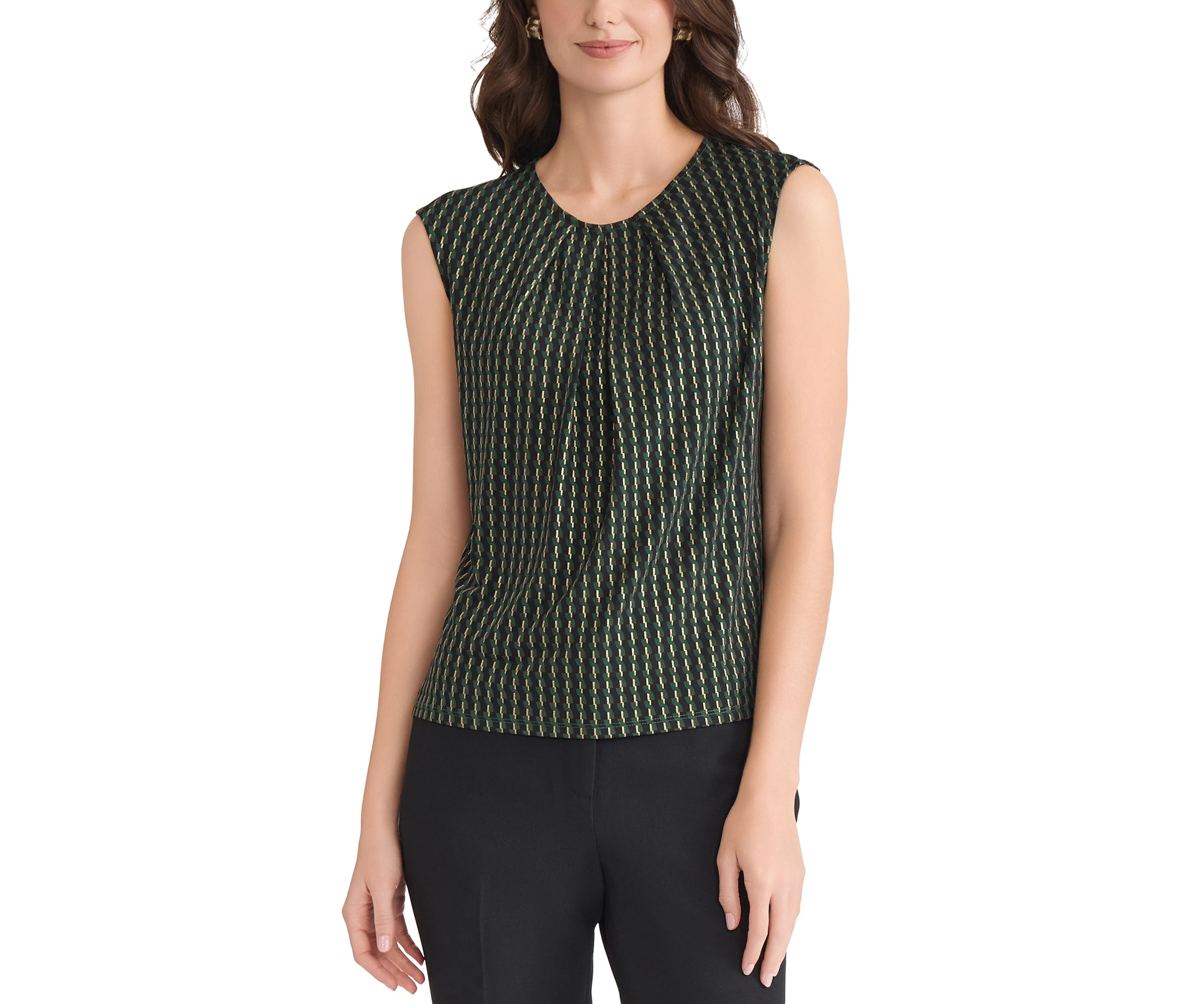 Petite Foil Print Pleat Neck Knit Top