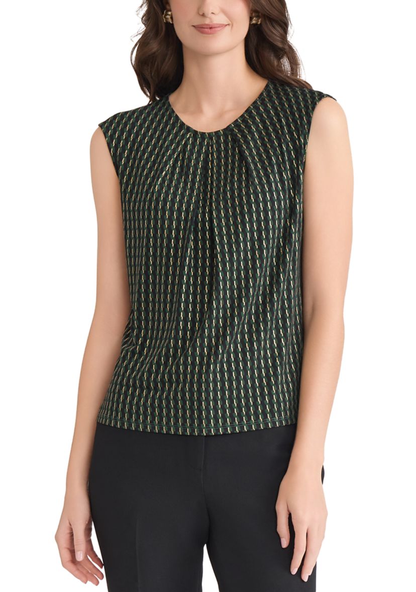 Petite Foil Print Pleat Neck Knit Top