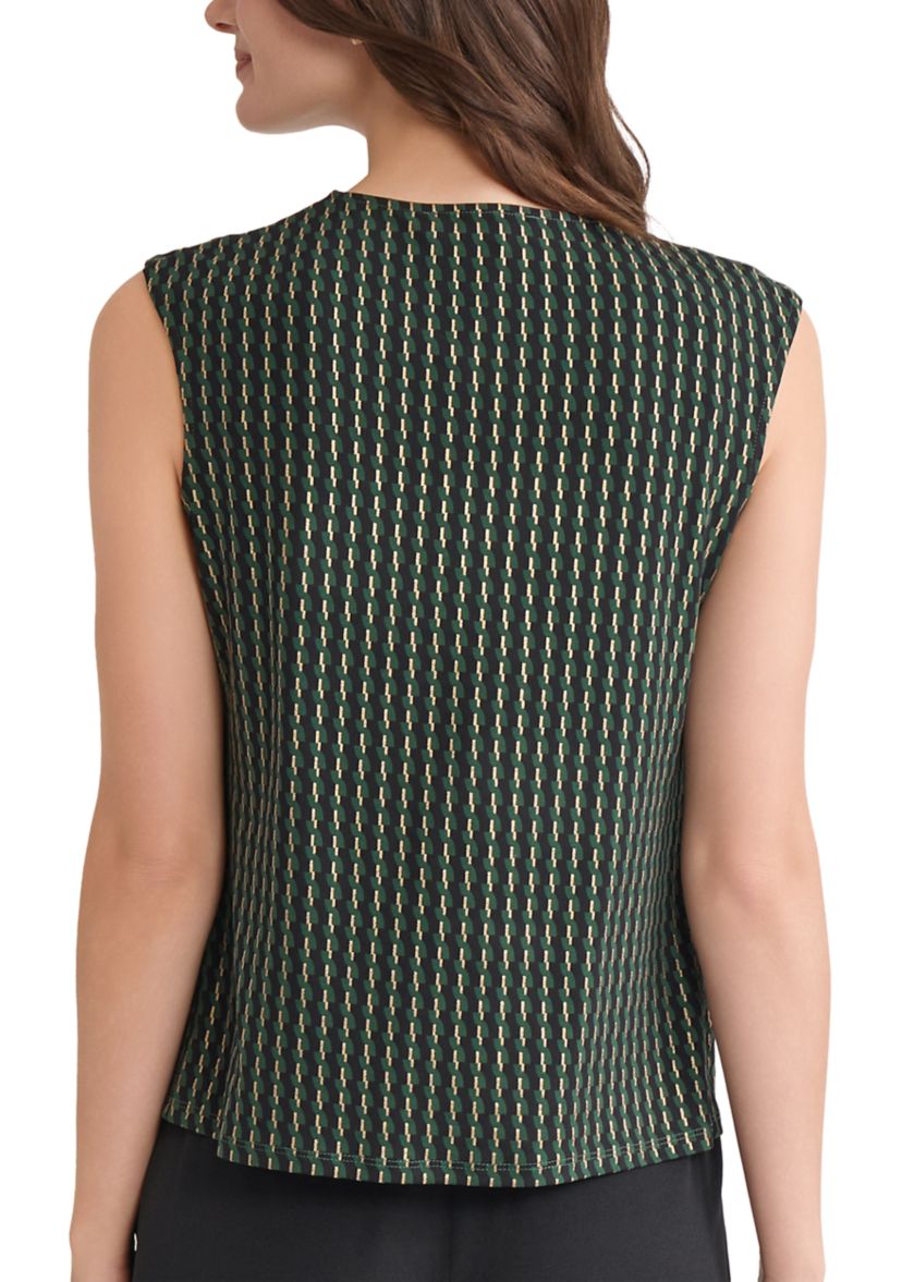 Petite Foil Print Pleat Neck Knit Top