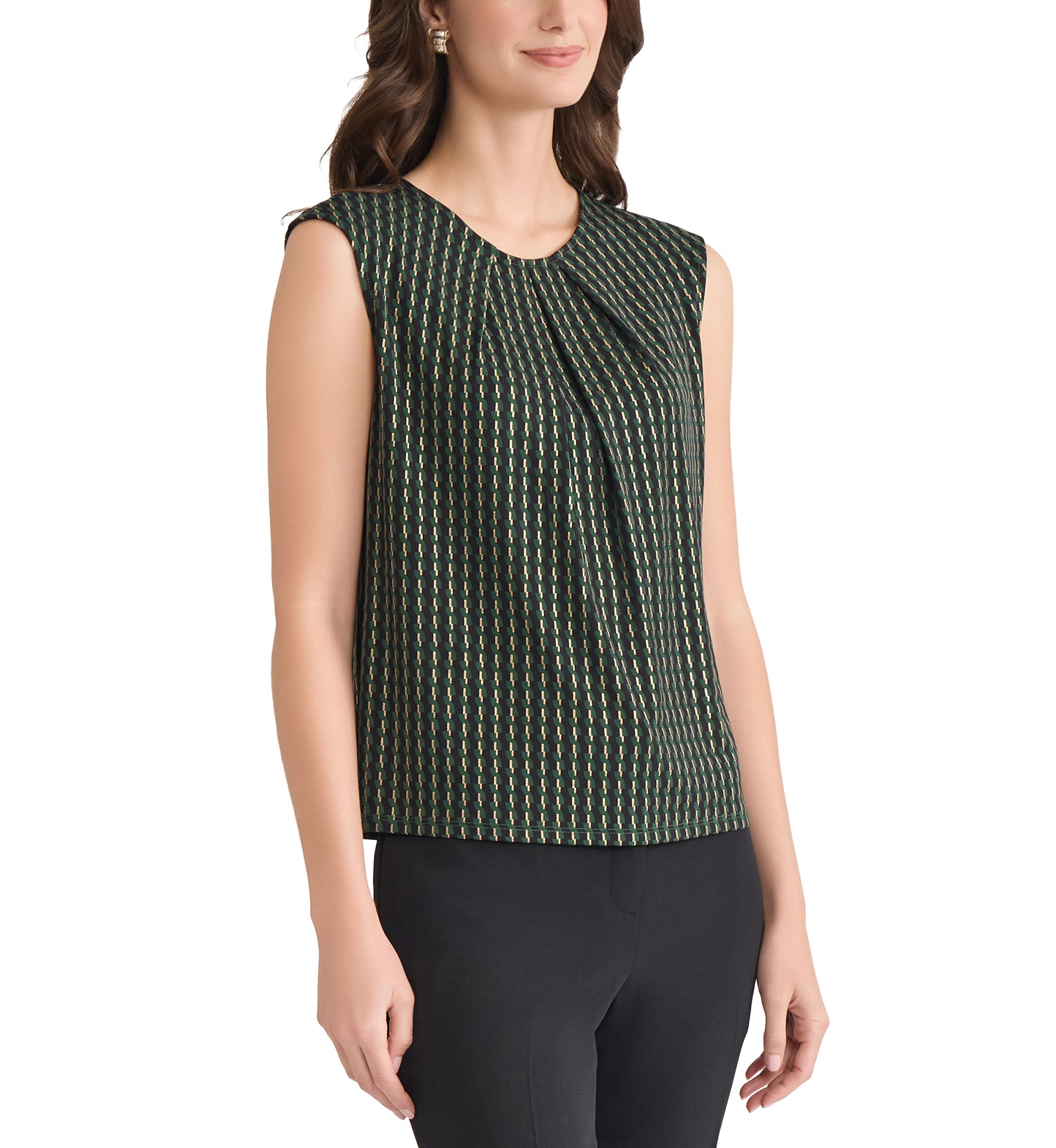 Petite Foil Print Pleat Neck Knit Top