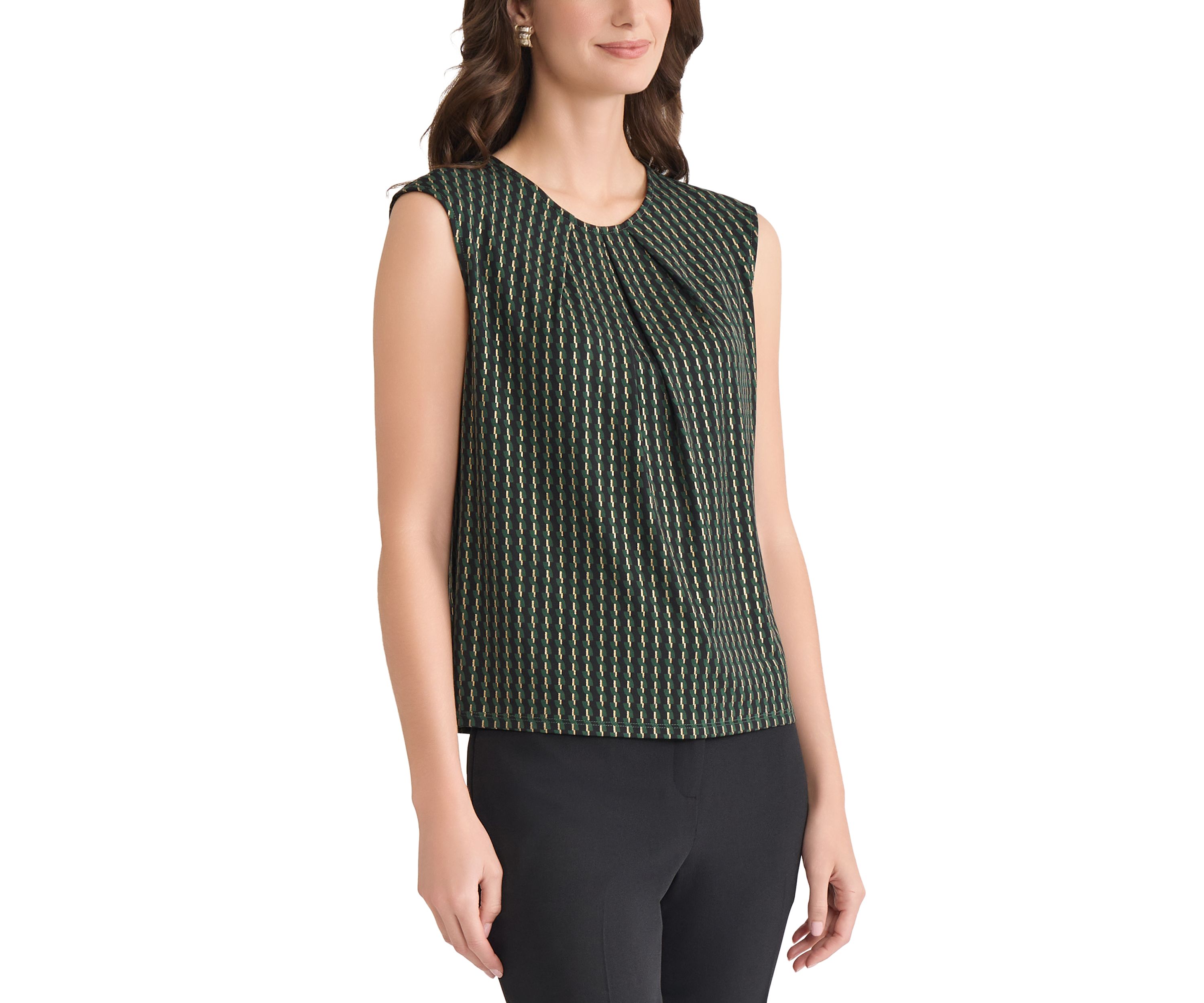 Petite Foil Print Pleat Neck Knit Top